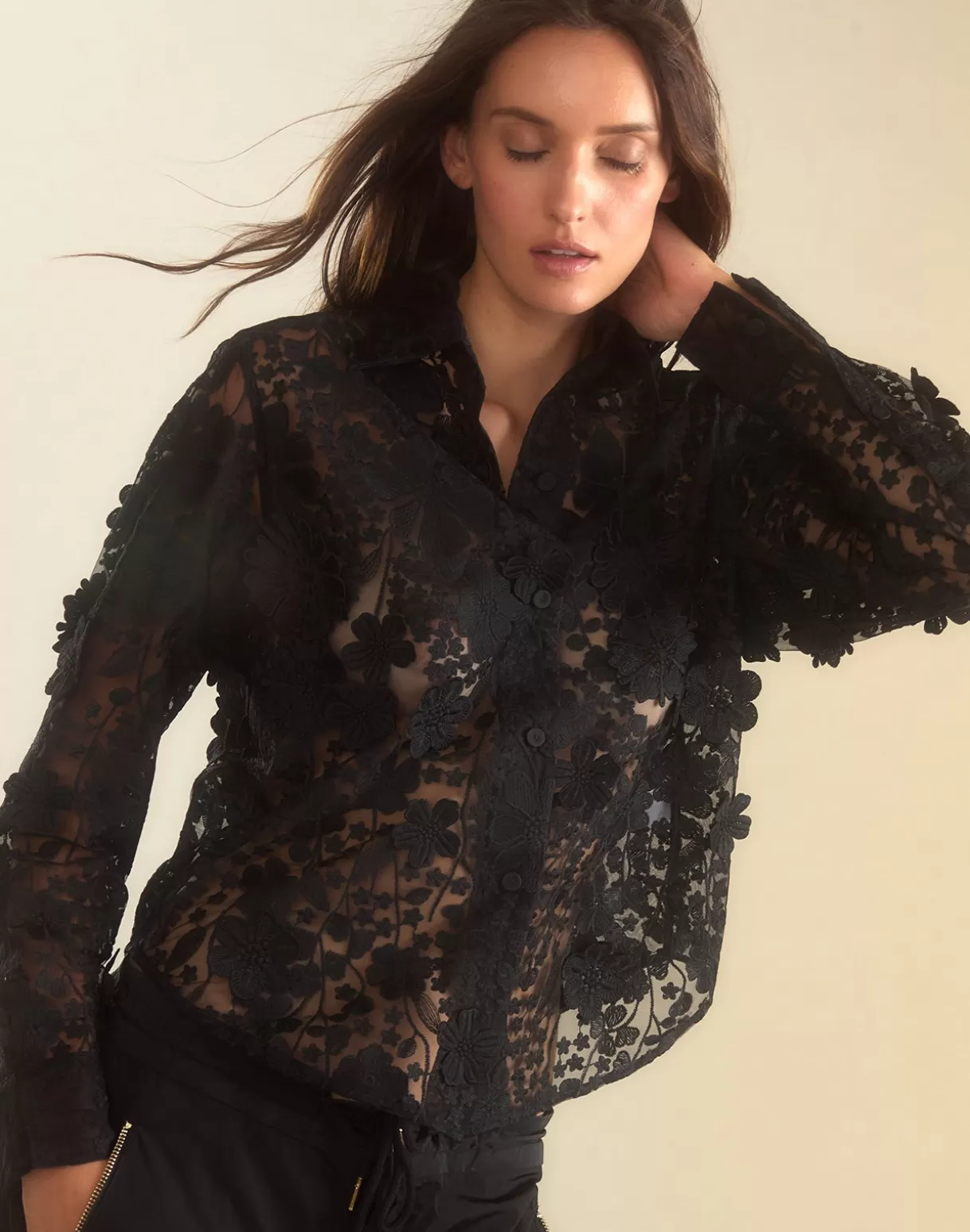 Tops-Cynthia Rowley Blooming Lace Shirt BLACK