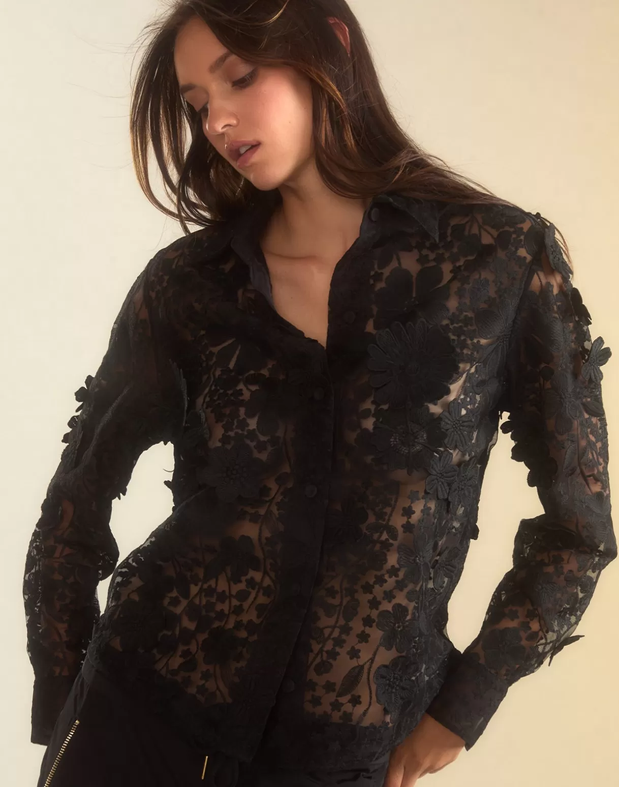 Tops-Cynthia Rowley Blooming Lace Shirt BLACK