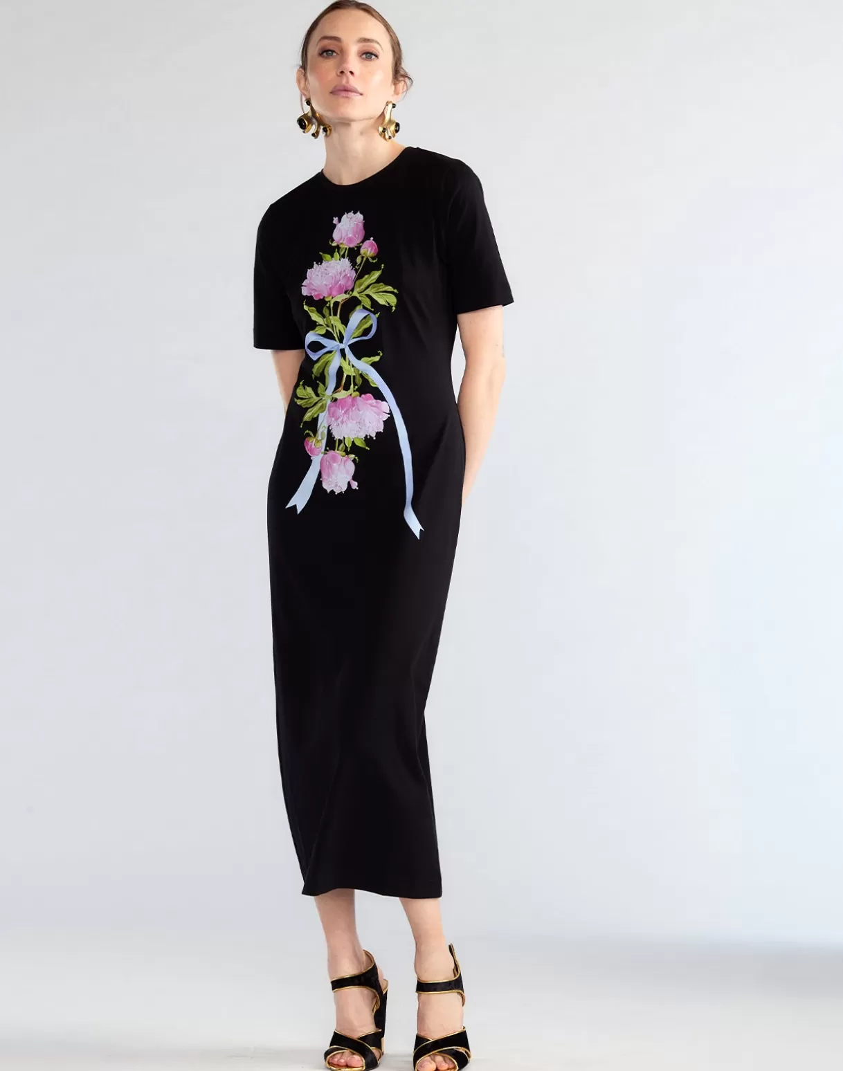Dresses-Cynthia Rowley Bouquet Ribbon Tee Dress BLKFL