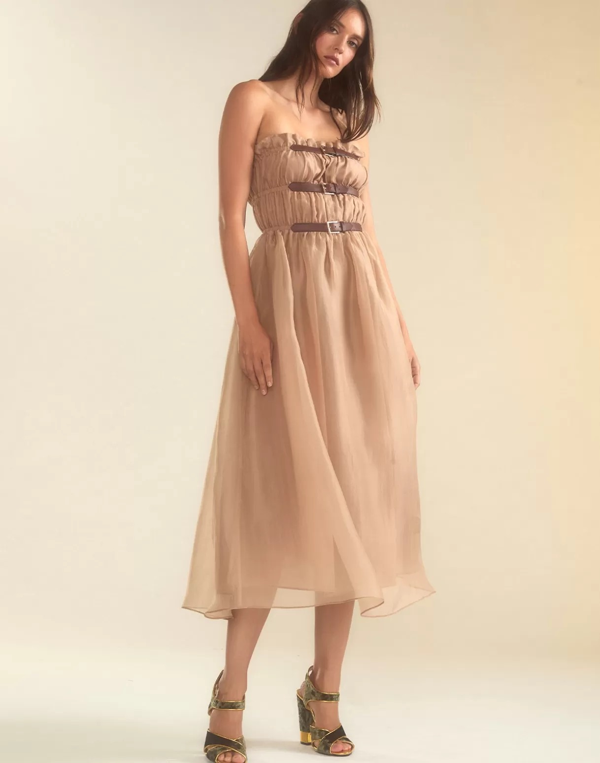 Dresses-Cynthia Rowley Buckle Up Silk Organza Dress CAMEL