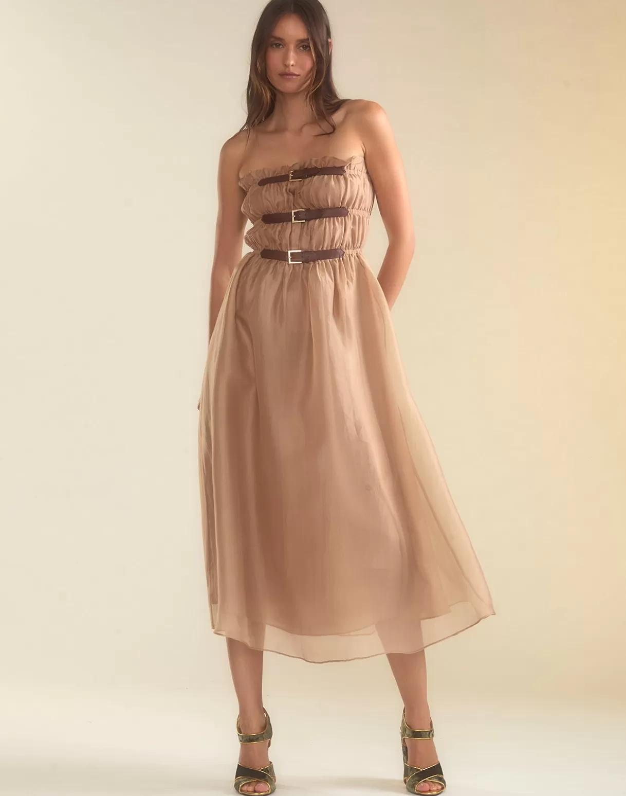 Dresses-Cynthia Rowley Buckle Up Silk Organza Dress CAMEL