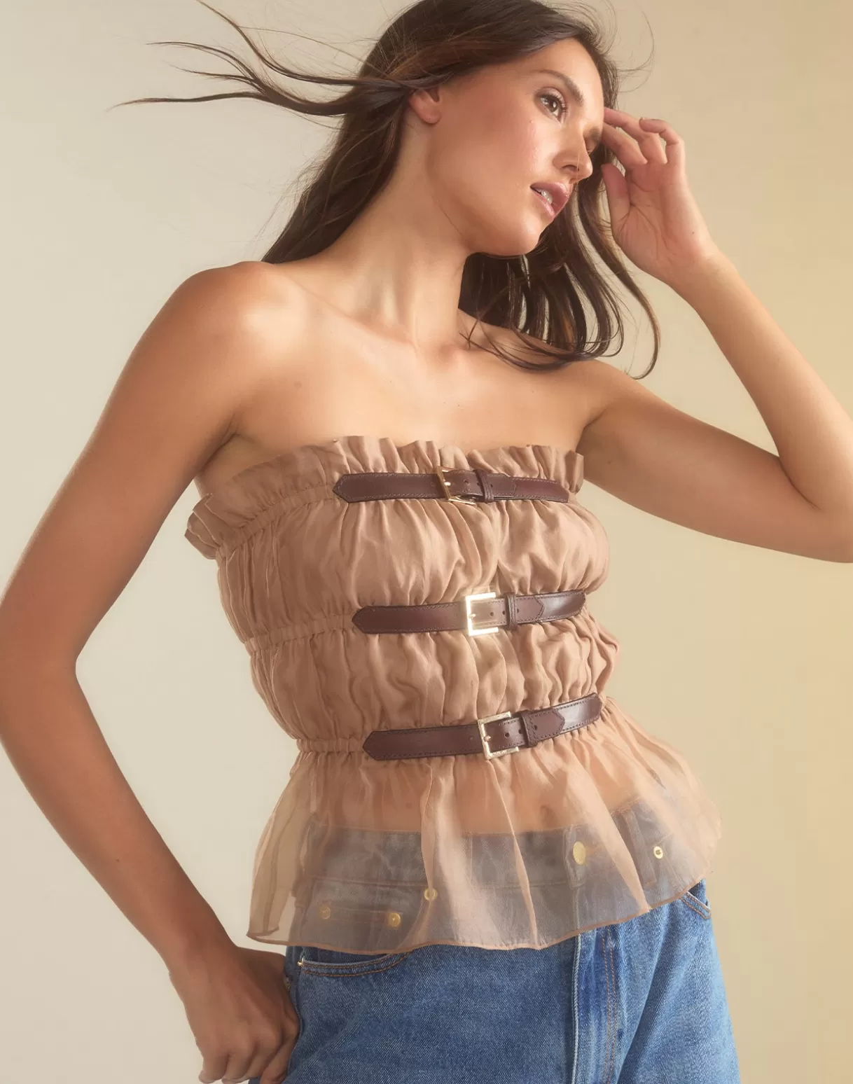 Tops-Cynthia Rowley Buckle Up Silk Organza Top CAMEL