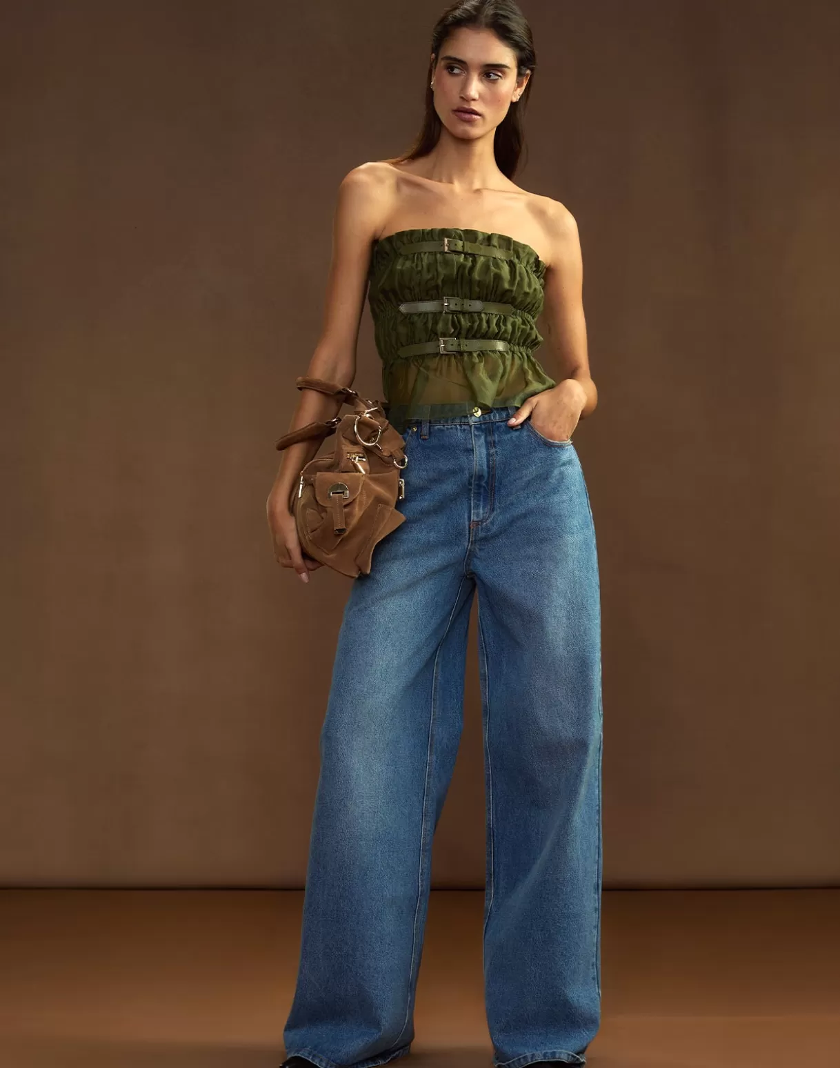 Tops-Cynthia Rowley Buckle Up Silk Organza Top DRKGR