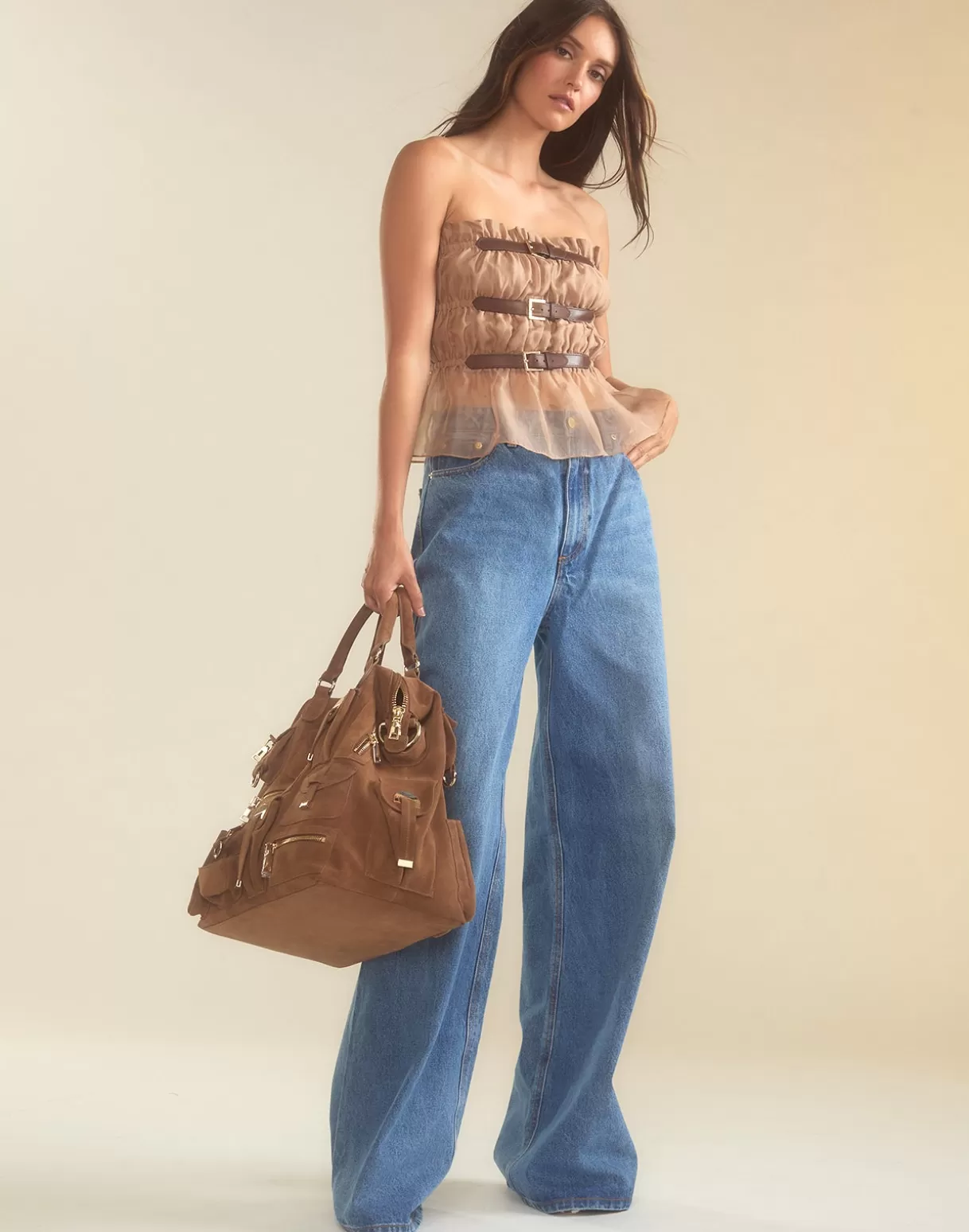 Tops-Cynthia Rowley Buckle Up Silk Organza Top CAMEL