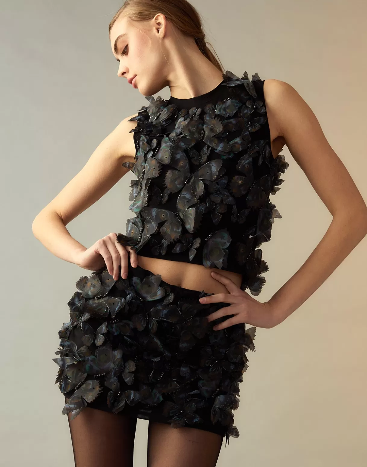 Bottoms-Cynthia Rowley Butterfly Appliqué Skirt BLKMUL