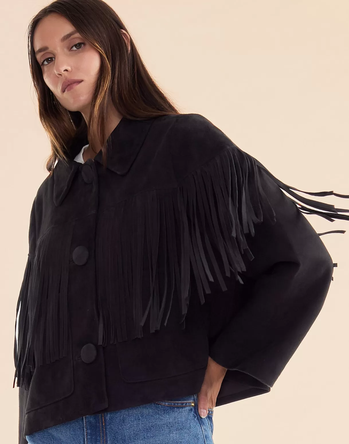Jackets & Coats-Cynthia Rowley Carrie Cropped Fringe Suede Jacket BLACK