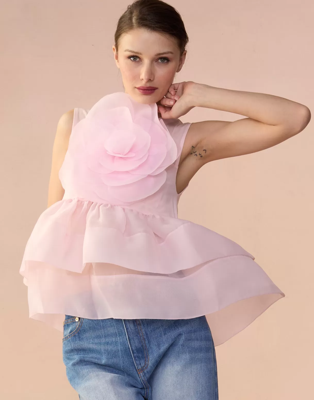 Tops-Cynthia Rowley Chloe Organza Flower Top PINK