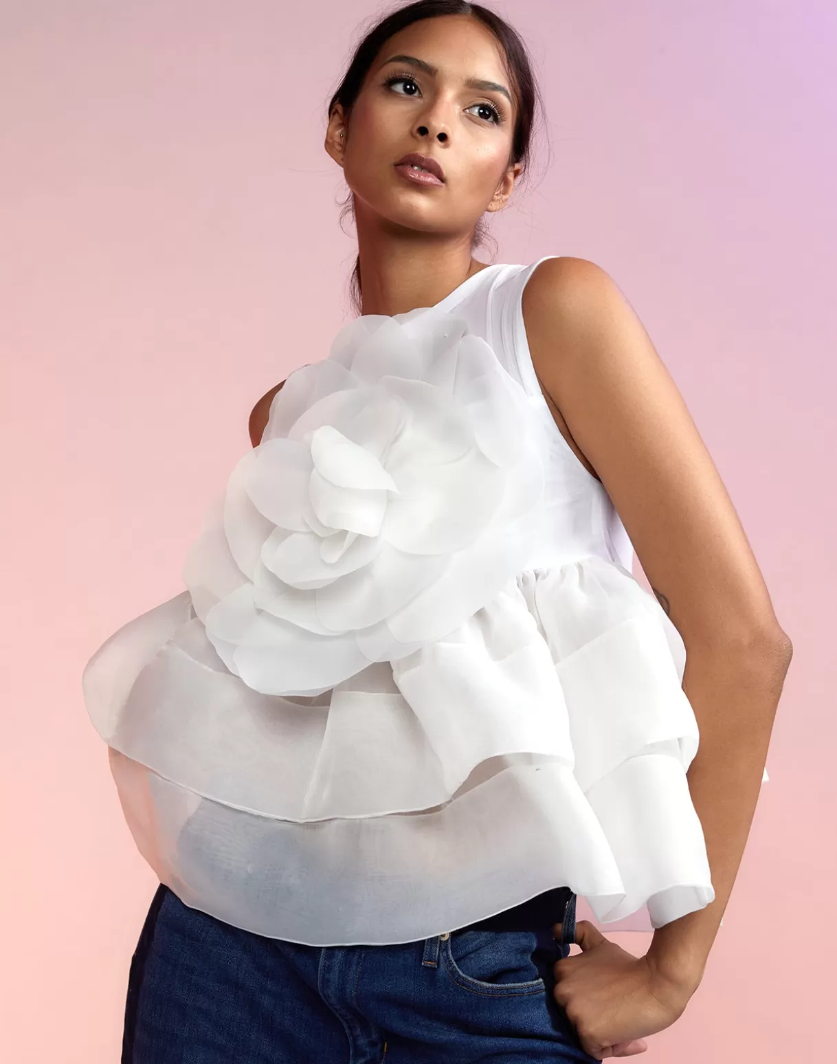 Tops-Cynthia Rowley Chloe Organza Flower Top White