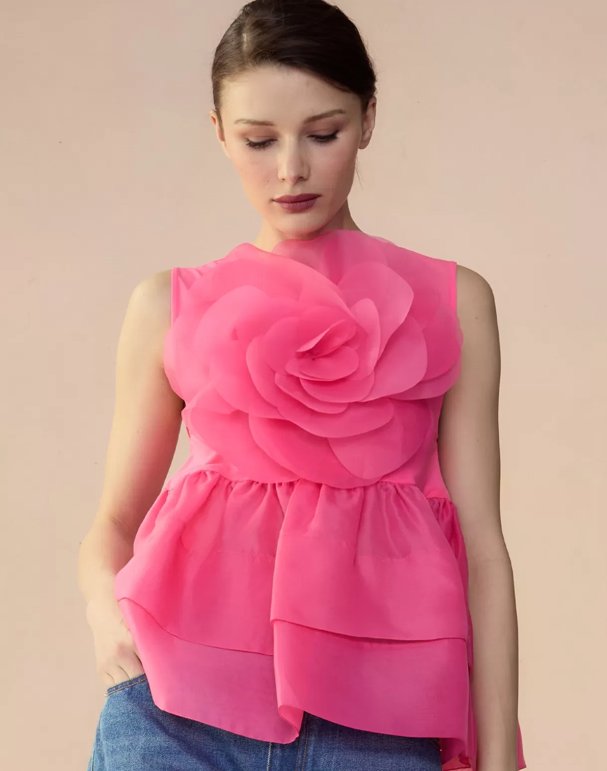 Tops-Cynthia Rowley Chloe Organza Flower Top HTPNK