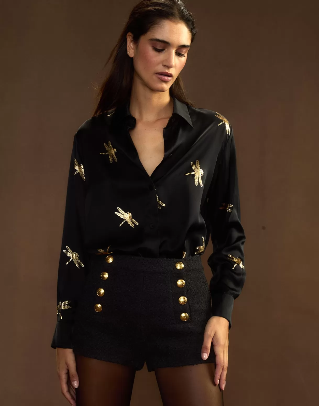 Tops-Cynthia Rowley Collectible Silk Shirt BLKGLD