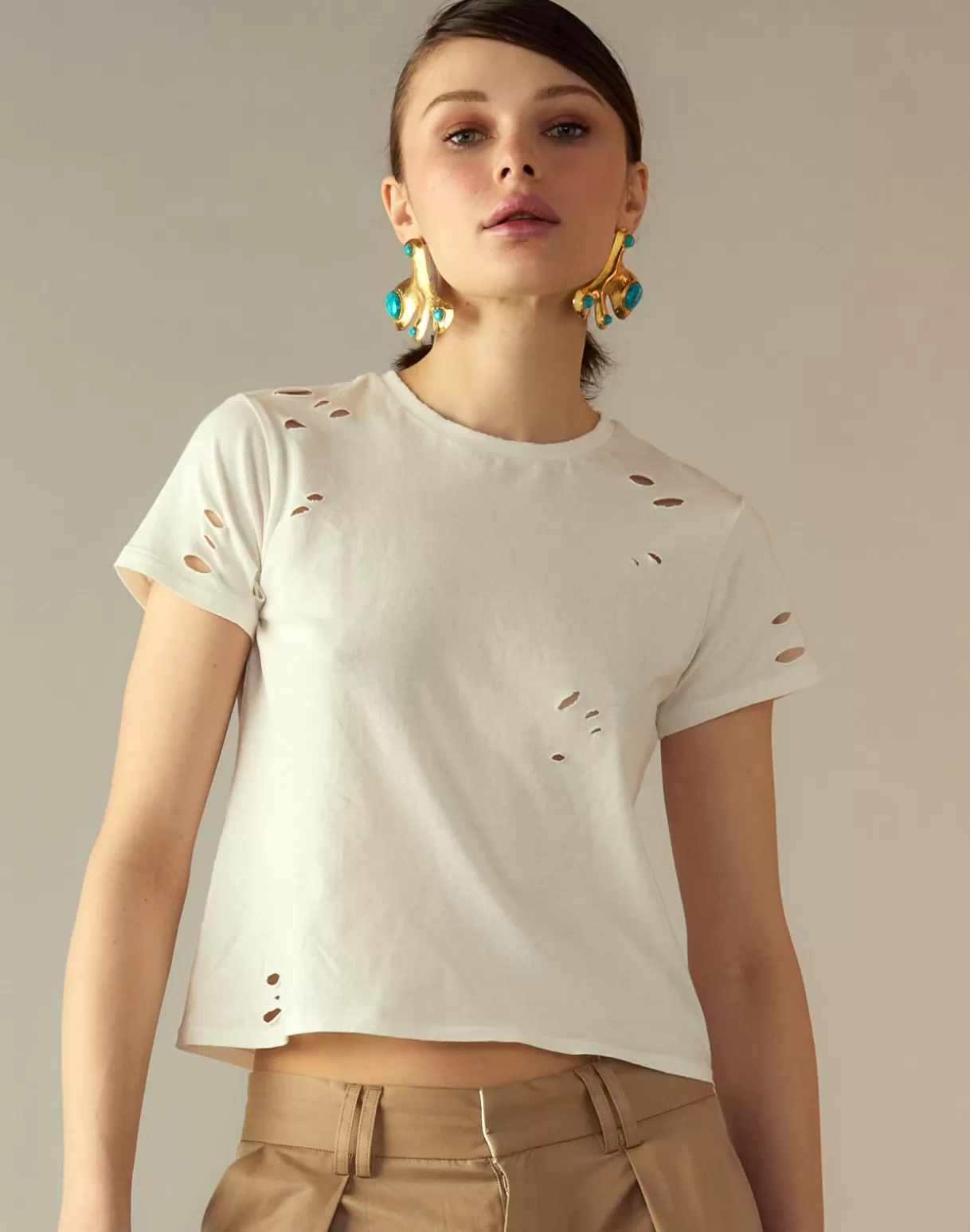 Tops-Cynthia Rowley Distressed Tee White