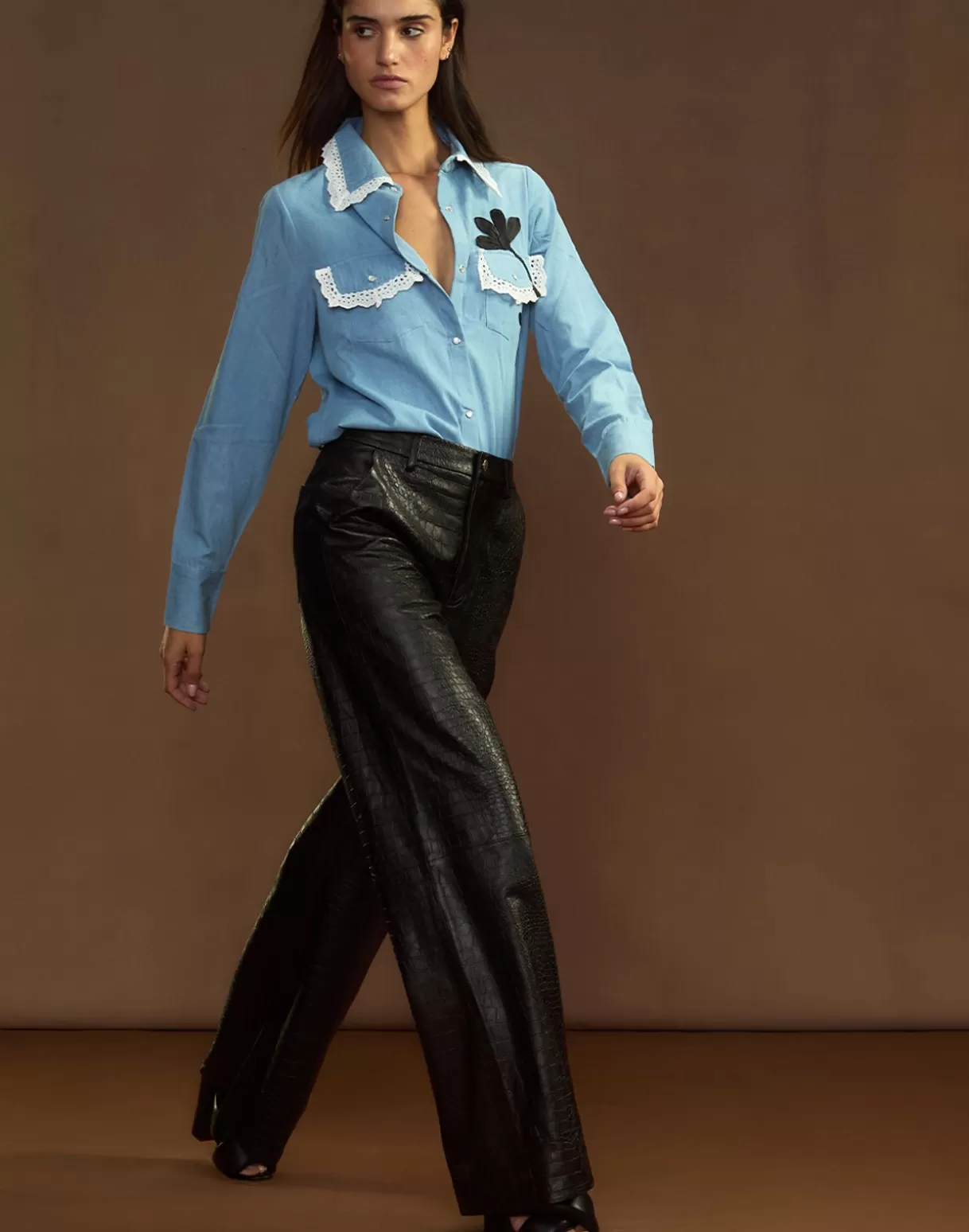 Bottoms-Cynthia Rowley Embossed Leather Pants BLACK