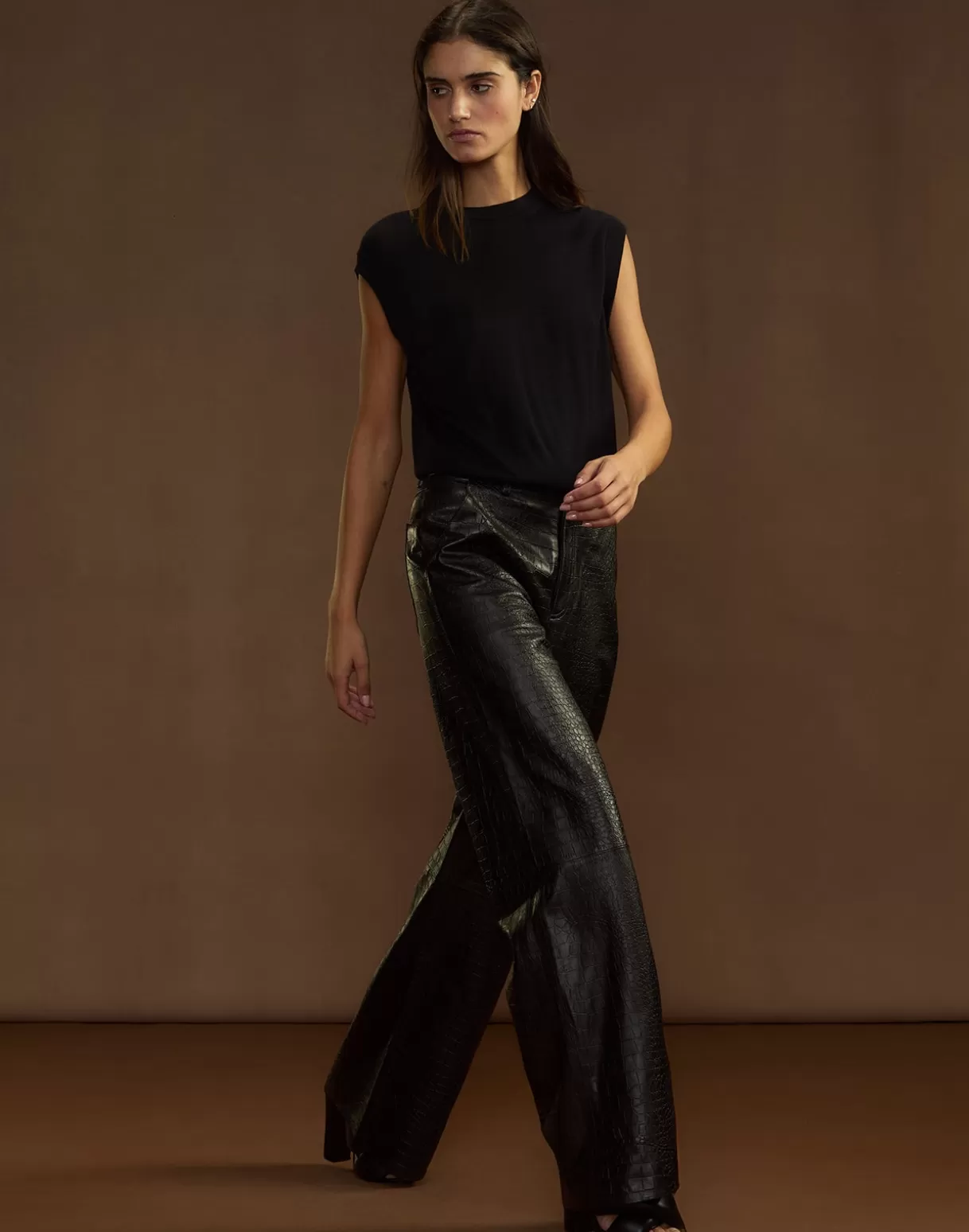 Bottoms-Cynthia Rowley Embossed Leather Pants BLACK