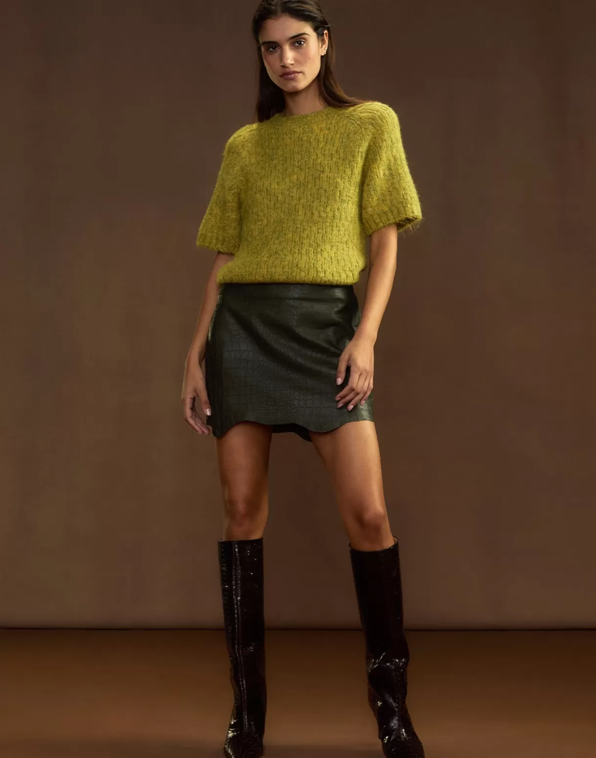 Bottoms-Cynthia Rowley Embossed Leather Skirt DRKGR