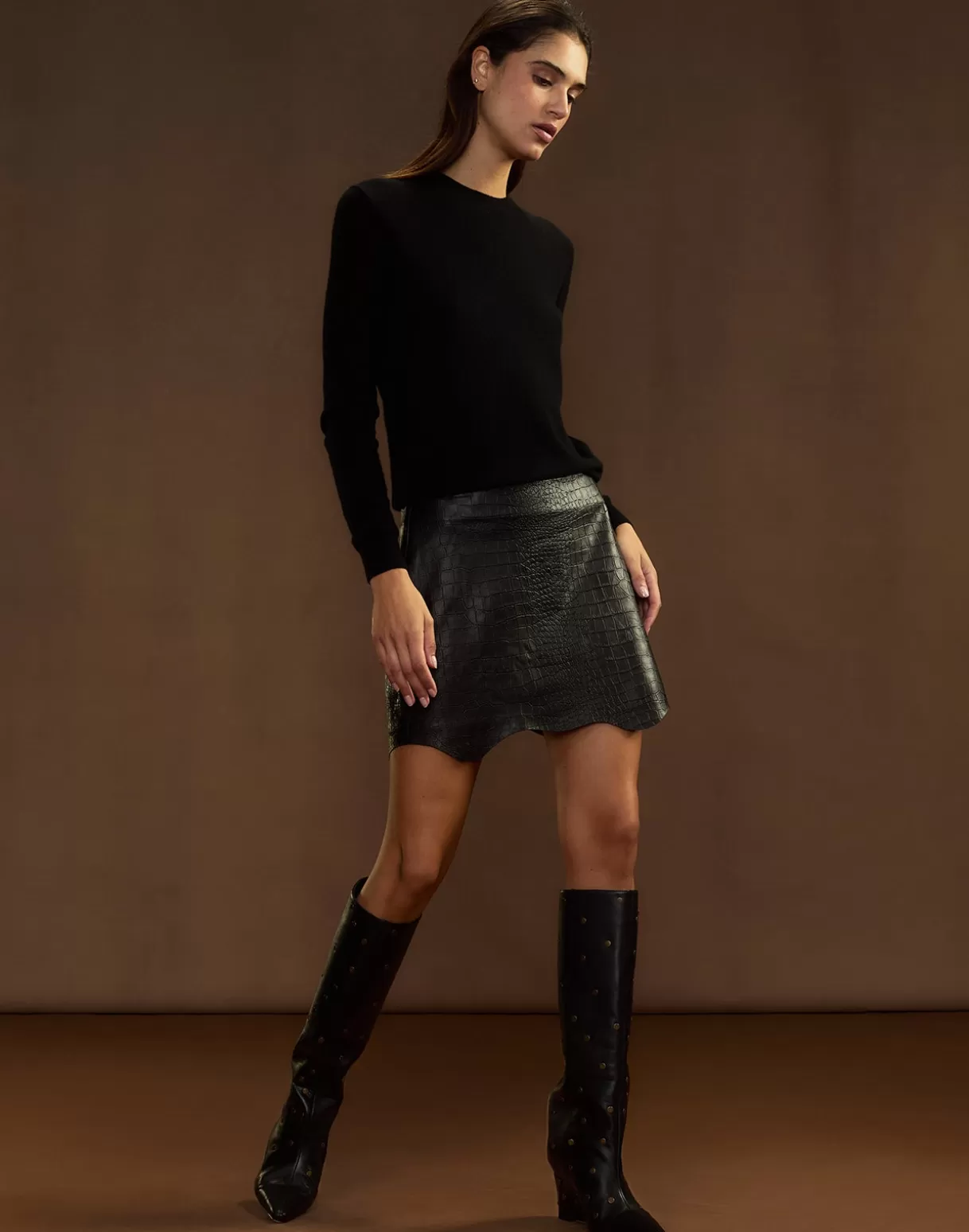 Bottoms-Cynthia Rowley Embossed Leather Skirt BLACK