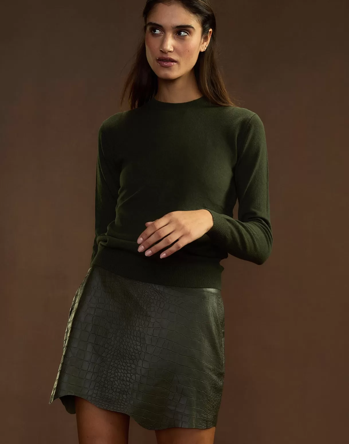 Bottoms-Cynthia Rowley Embossed Leather Skirt DRKGR