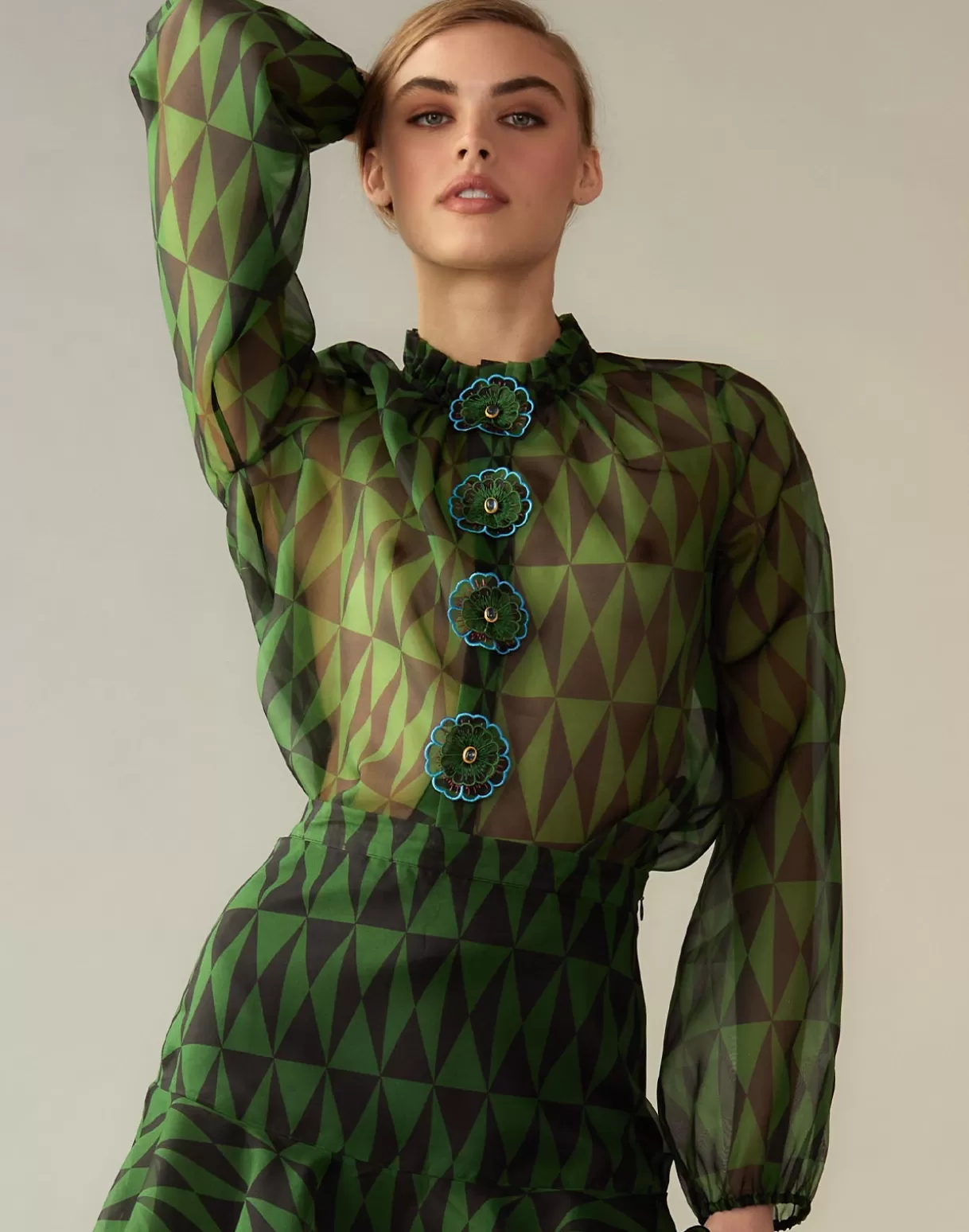 Tops-Cynthia Rowley Evergreen Silk Organza Shirt BLKGRN
