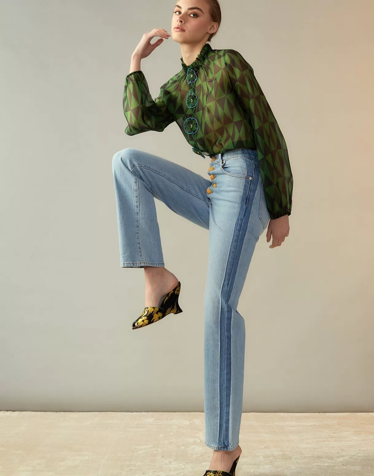 Tops-Cynthia Rowley Evergreen Silk Organza Shirt BLKGRN
