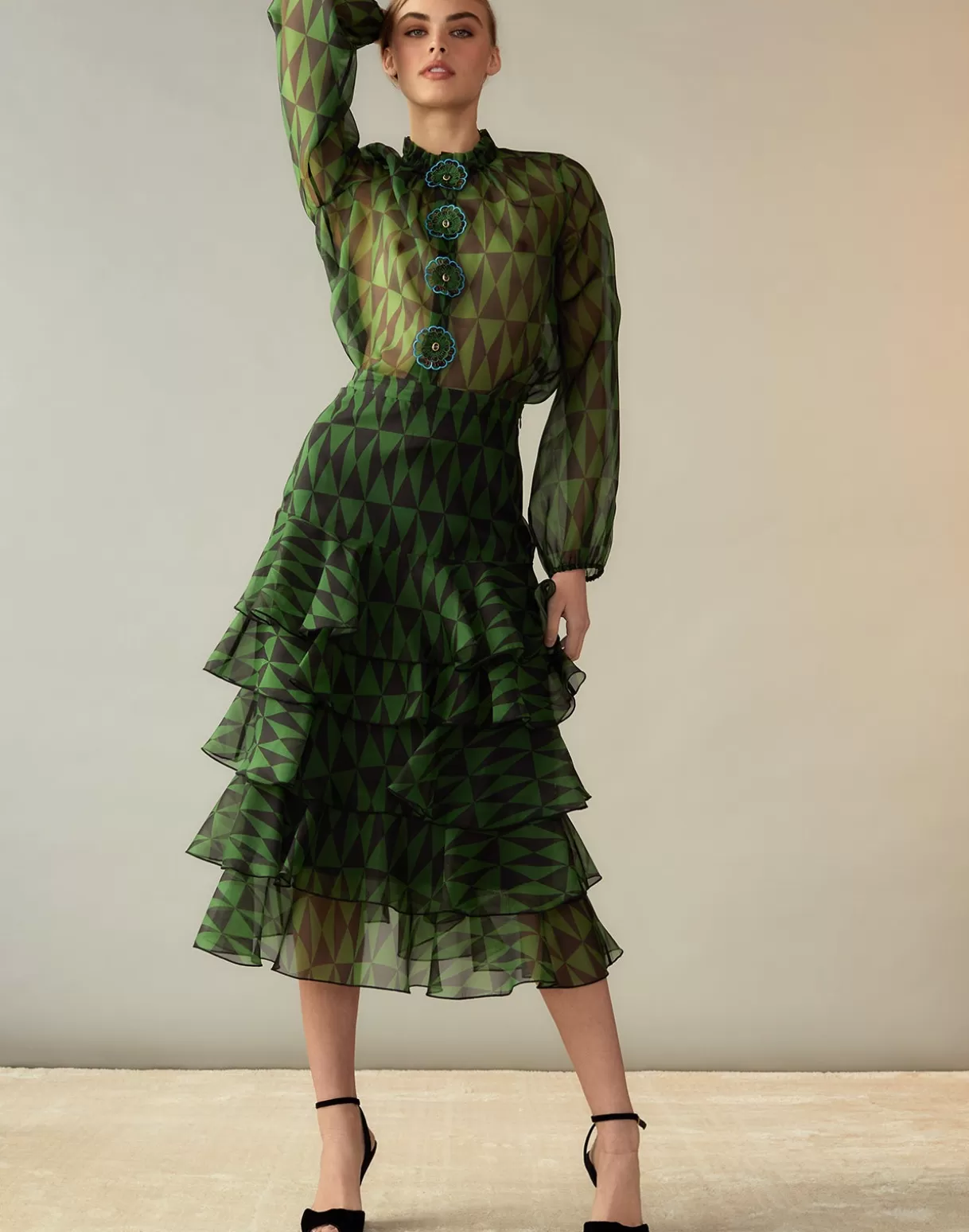 Bottoms-Cynthia Rowley Evergreen Silk Organza Skirt BLKGRN