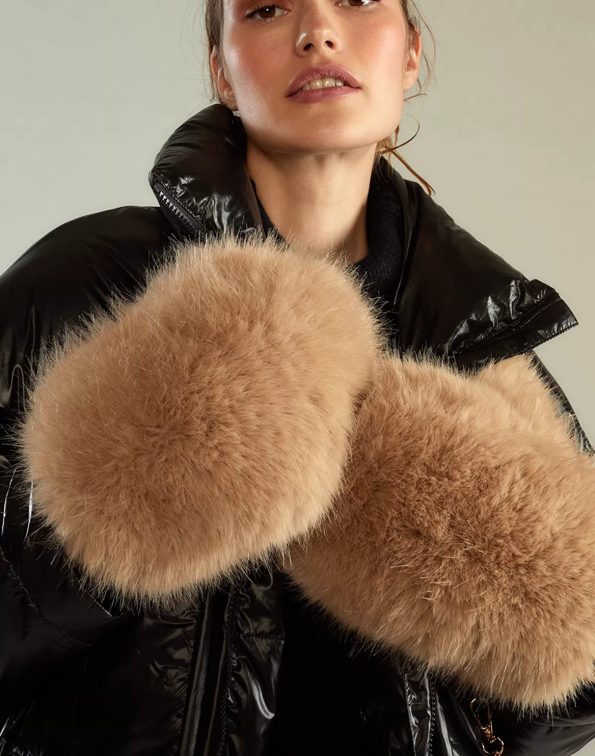 Accessories | Accessories-Cynthia Rowley Faux Fur Oversized Mittens CAMEL