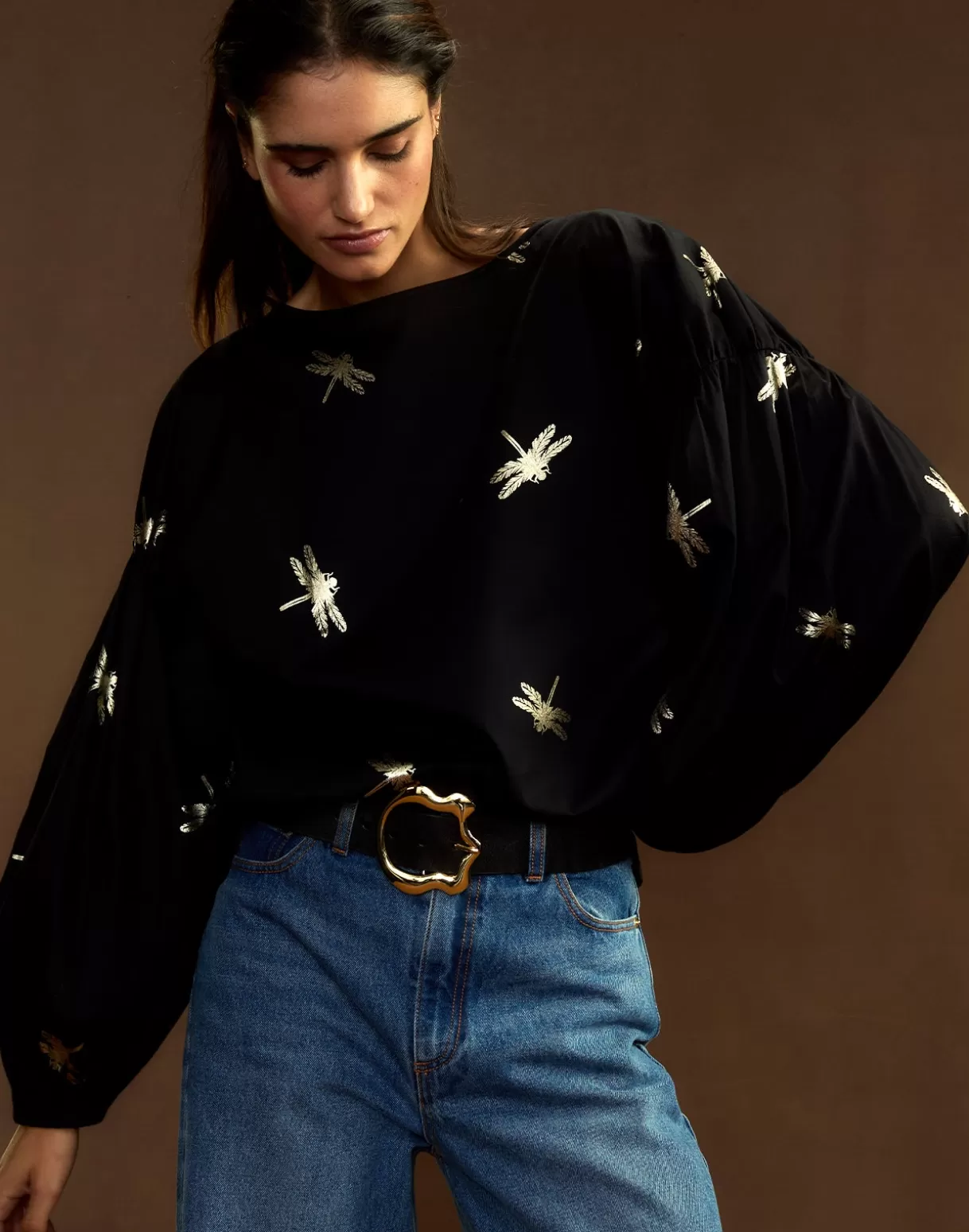 Tops-Cynthia Rowley Geneva Gold Foil Blouse BLKGLD