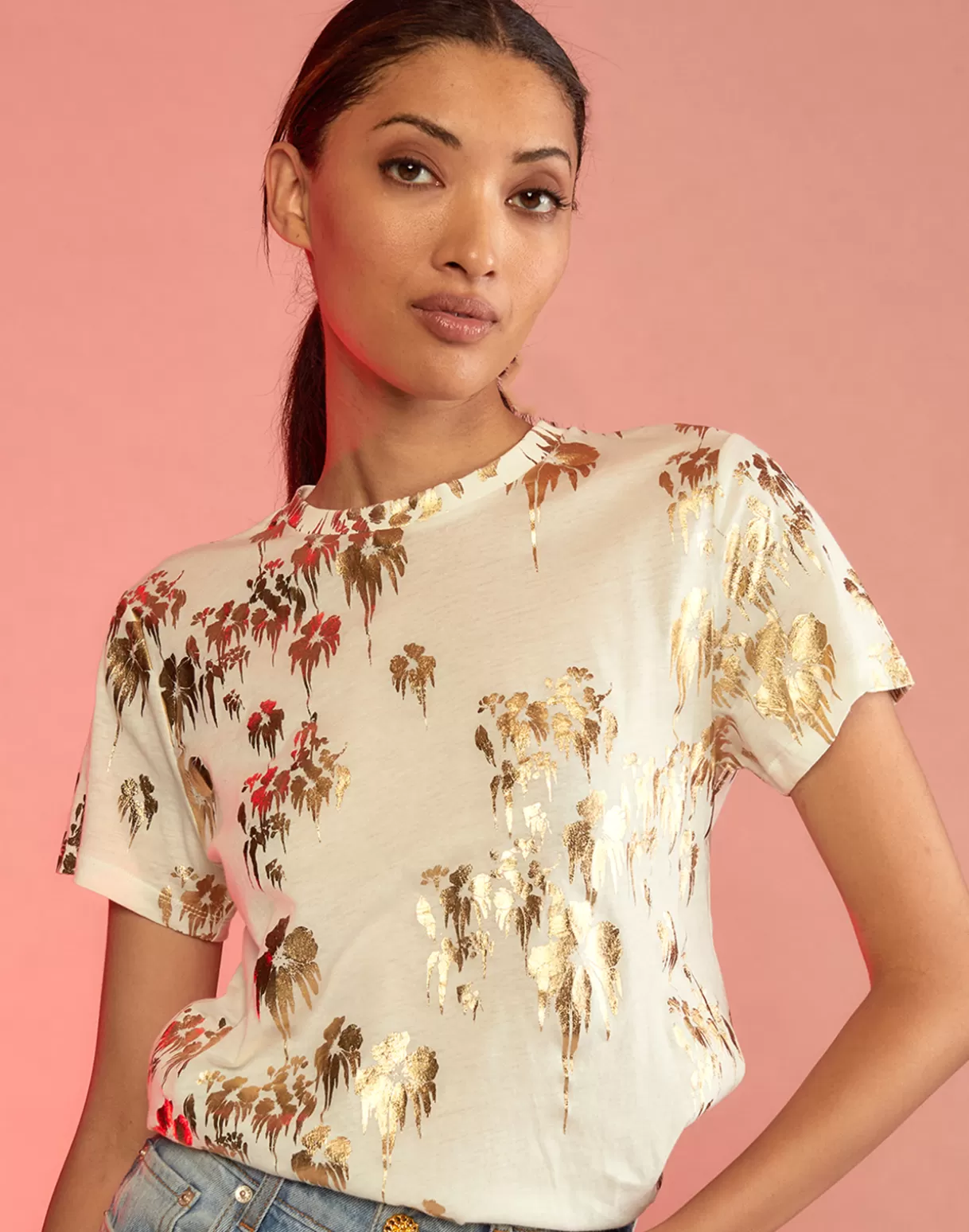 Tops-Cynthia Rowley Gold Foil T-Shirt WHGLD