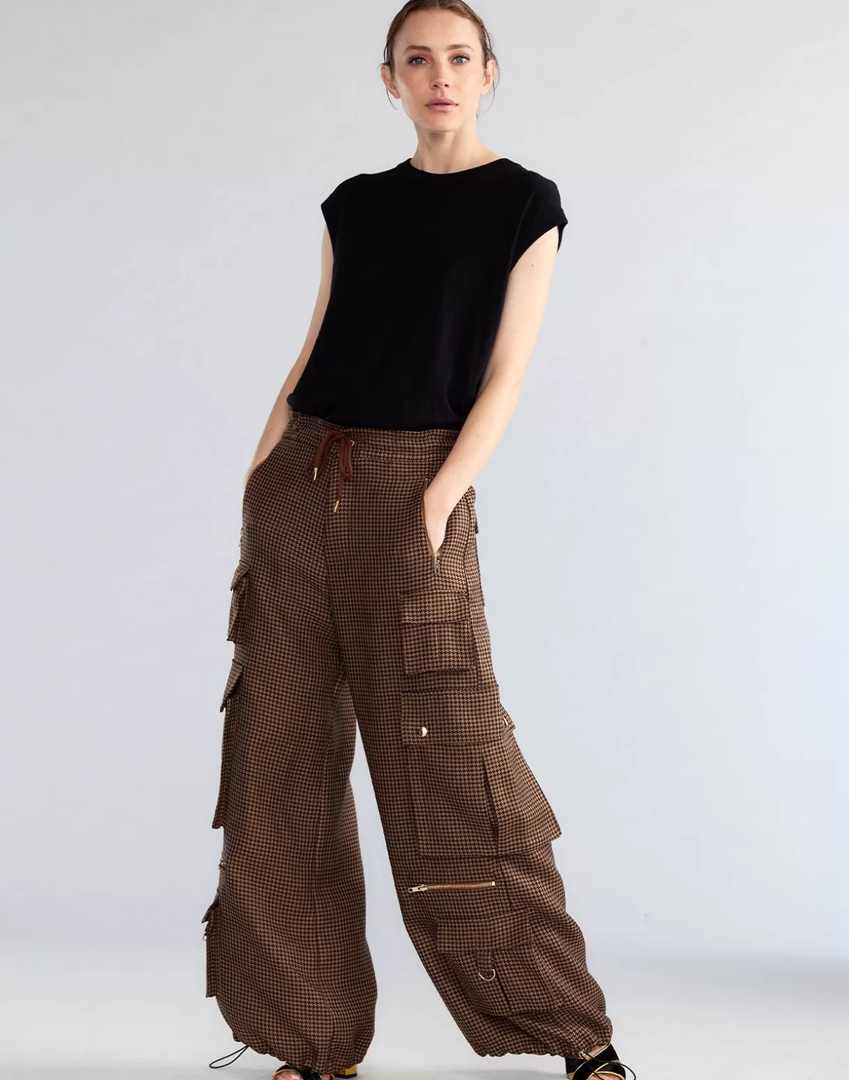Bottoms-Cynthia Rowley Houndstooth Cargo Pants BLKBR