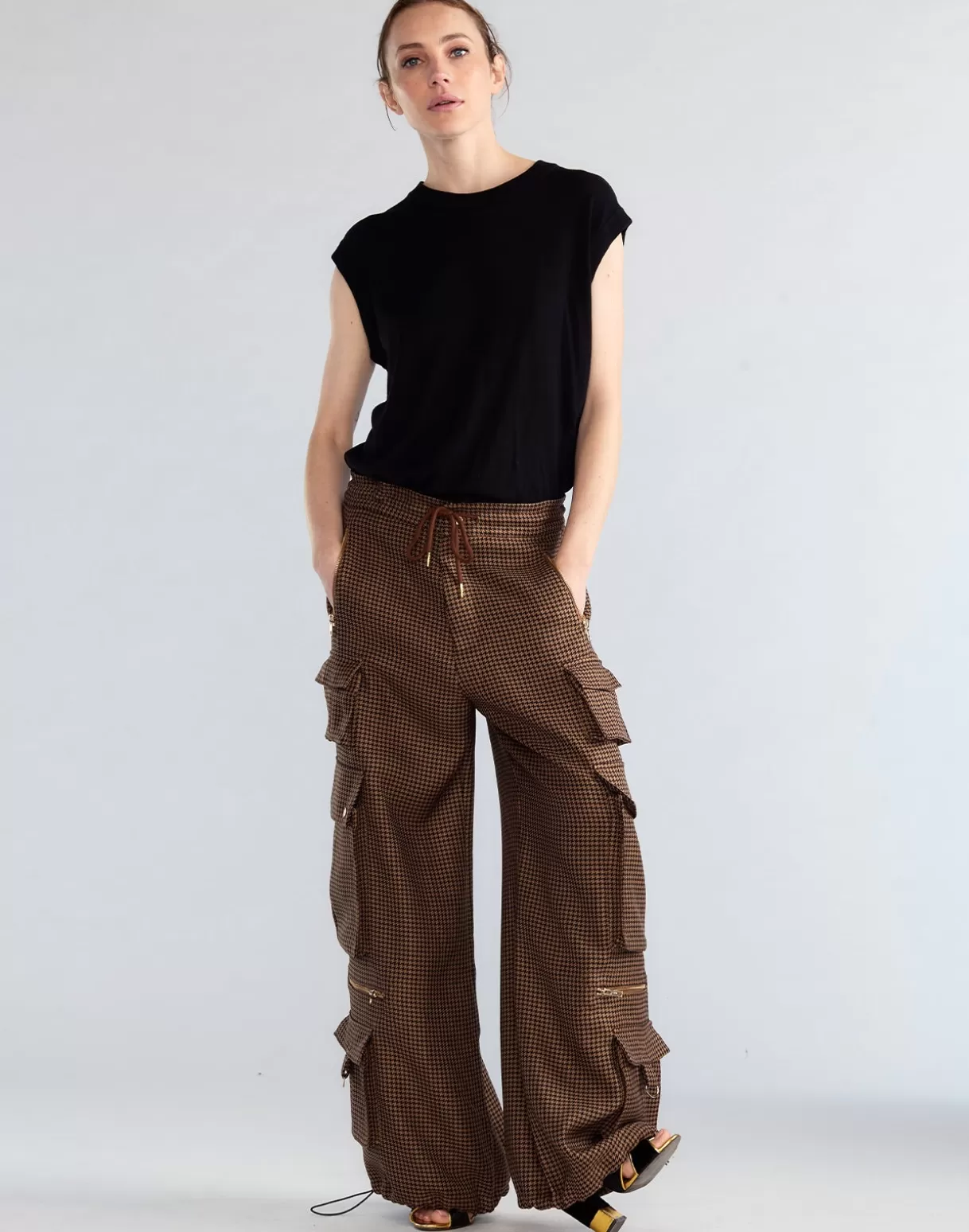 Bottoms-Cynthia Rowley Houndstooth Cargo Pants BLKBR