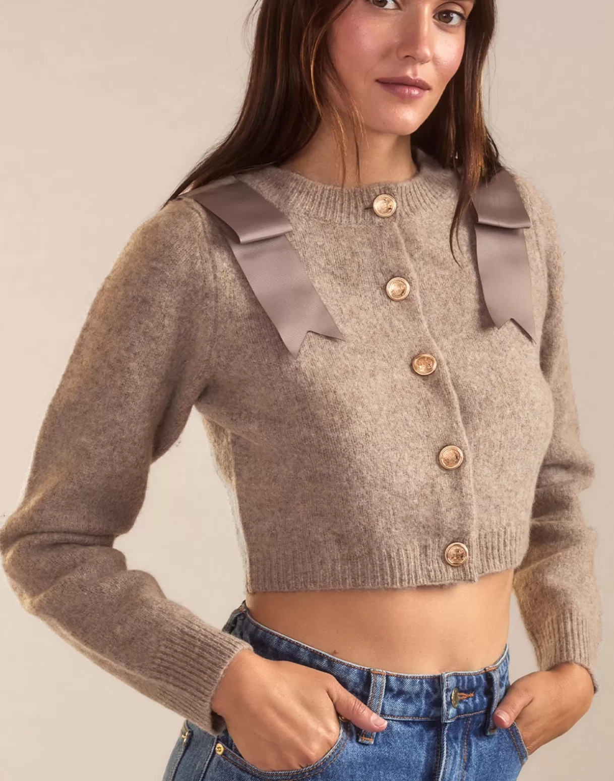 Tops-Cynthia Rowley Ivy Cropped Wool Cardigan CAMEL
