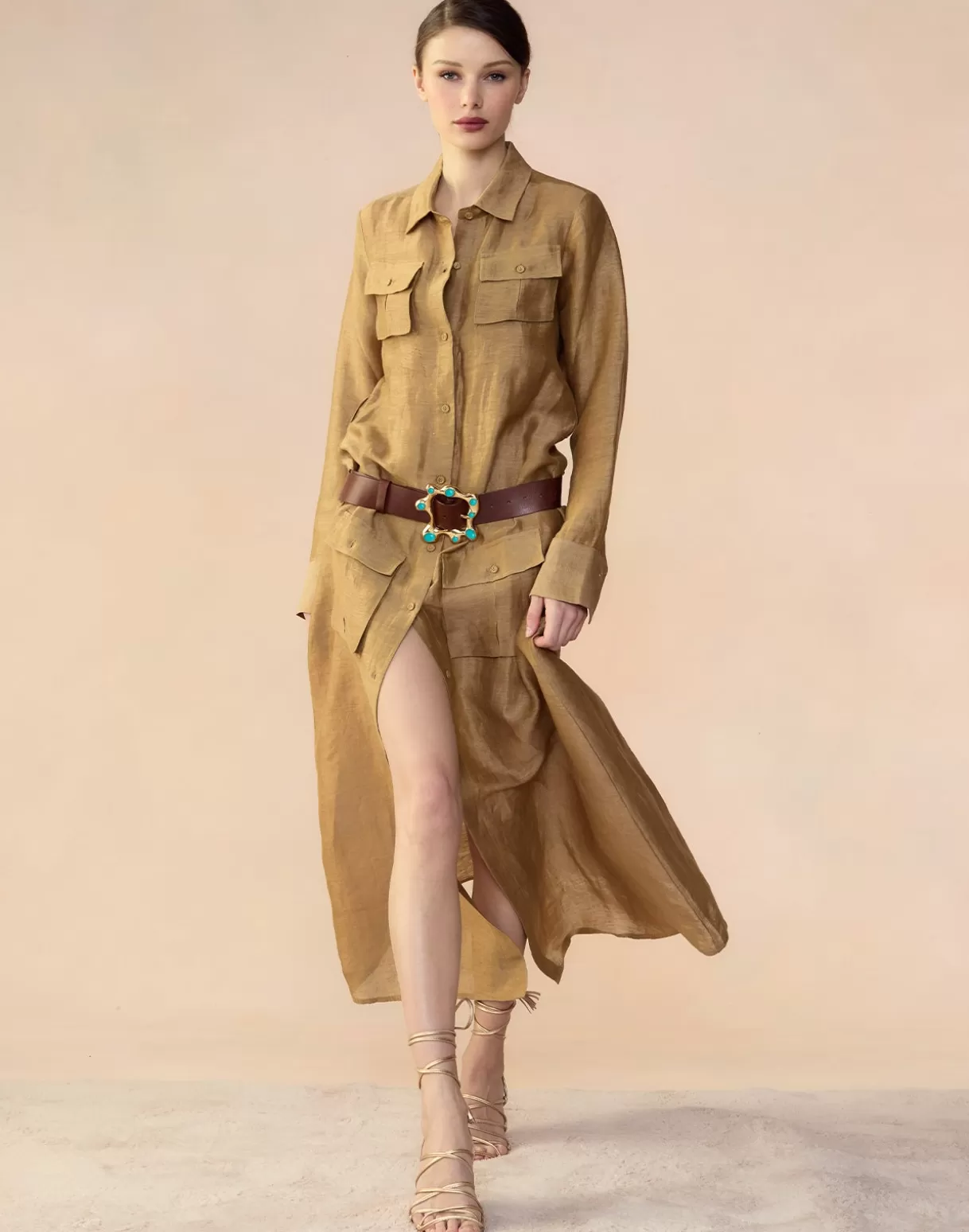 Dresses-Cynthia Rowley Lagos Silk Linen Shirt Dress CAMEL