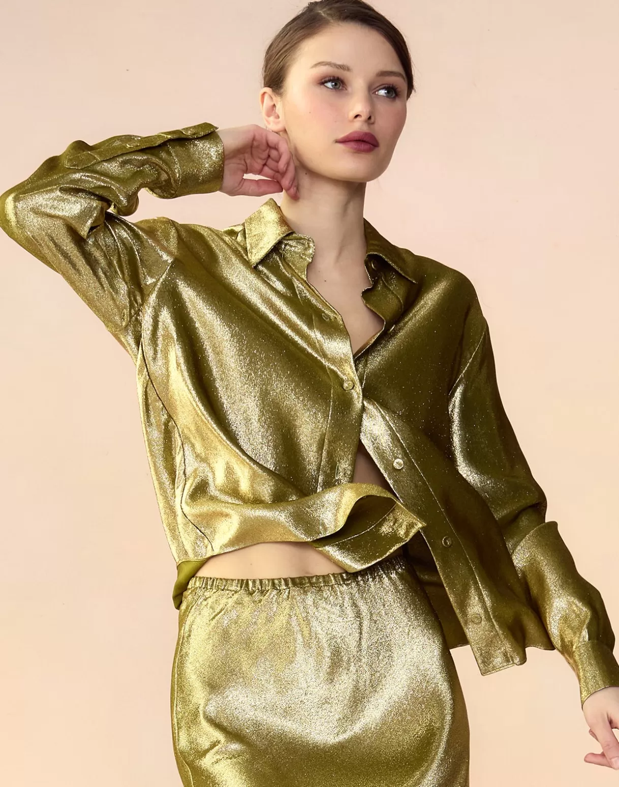 Tops-Cynthia Rowley Liquid Gold Lamé Shirt GREEN