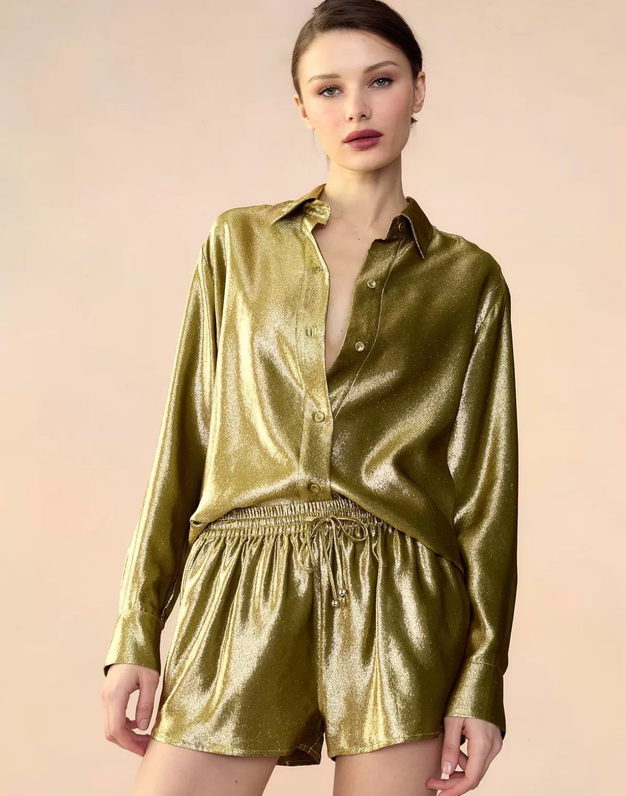 Bottoms-Cynthia Rowley Liquid Gold Lamé Shorts GREEN