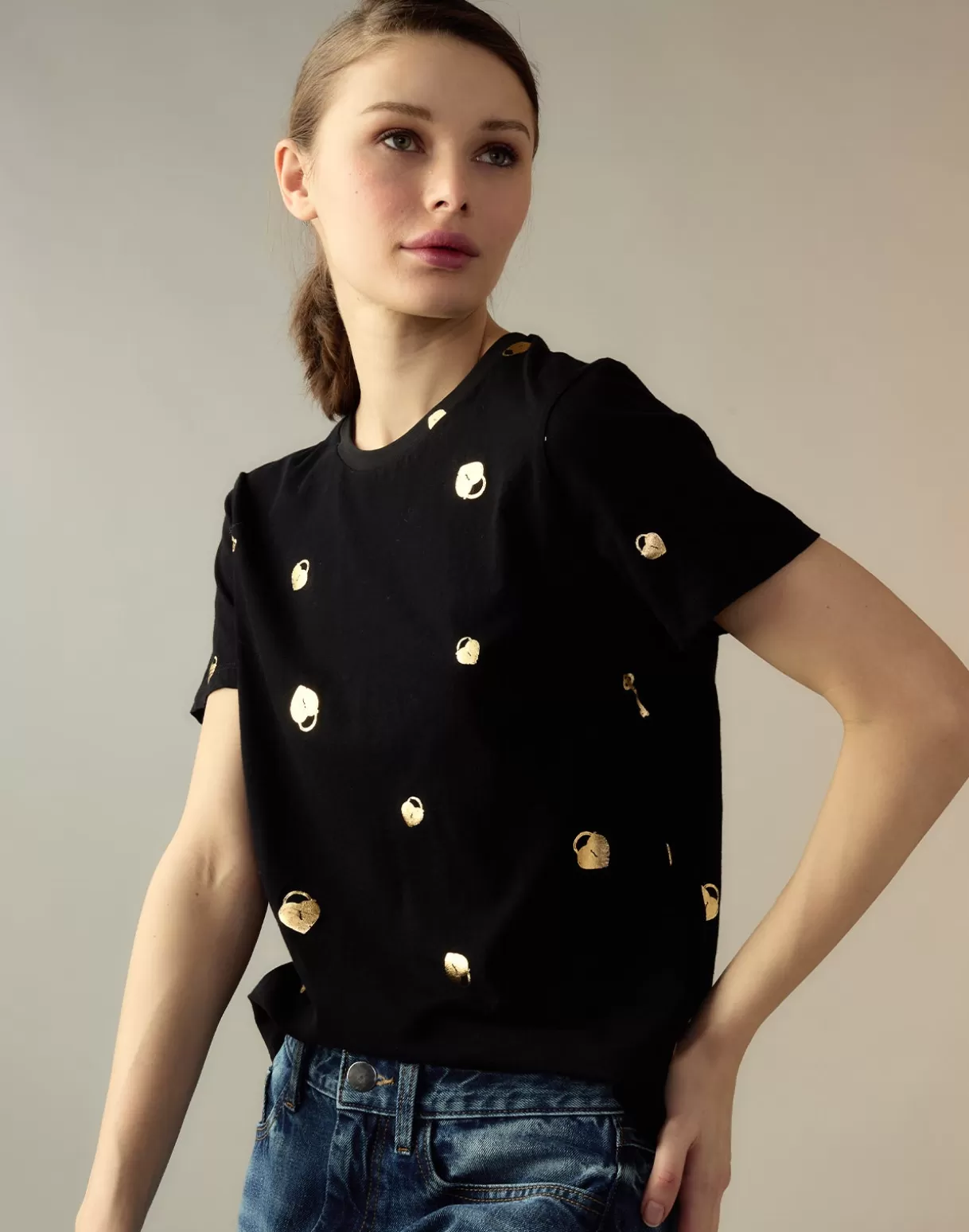 Tops-Cynthia Rowley Lock & Key Metallic Tee BLACK