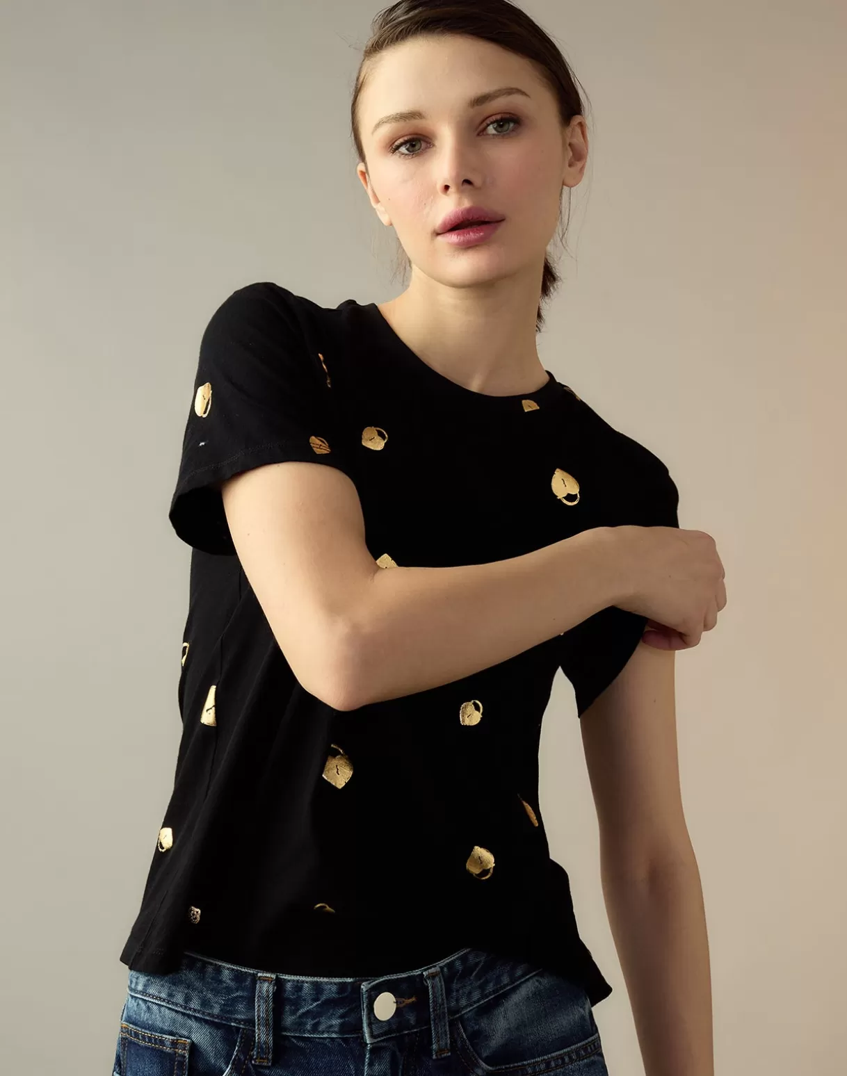 Tops-Cynthia Rowley Lock & Key Metallic Tee BLACK