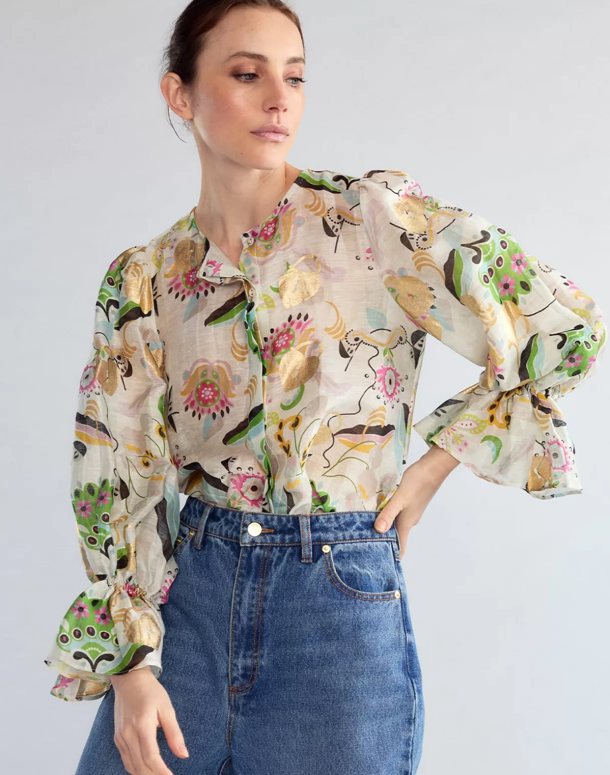 Tops-Cynthia Rowley Love Locket Silk Linen Blouse WHTML