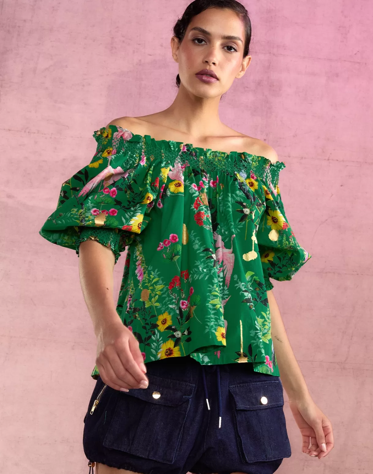 Tops-Cynthia Rowley Malta Off Shoulder Blouse GRNFL