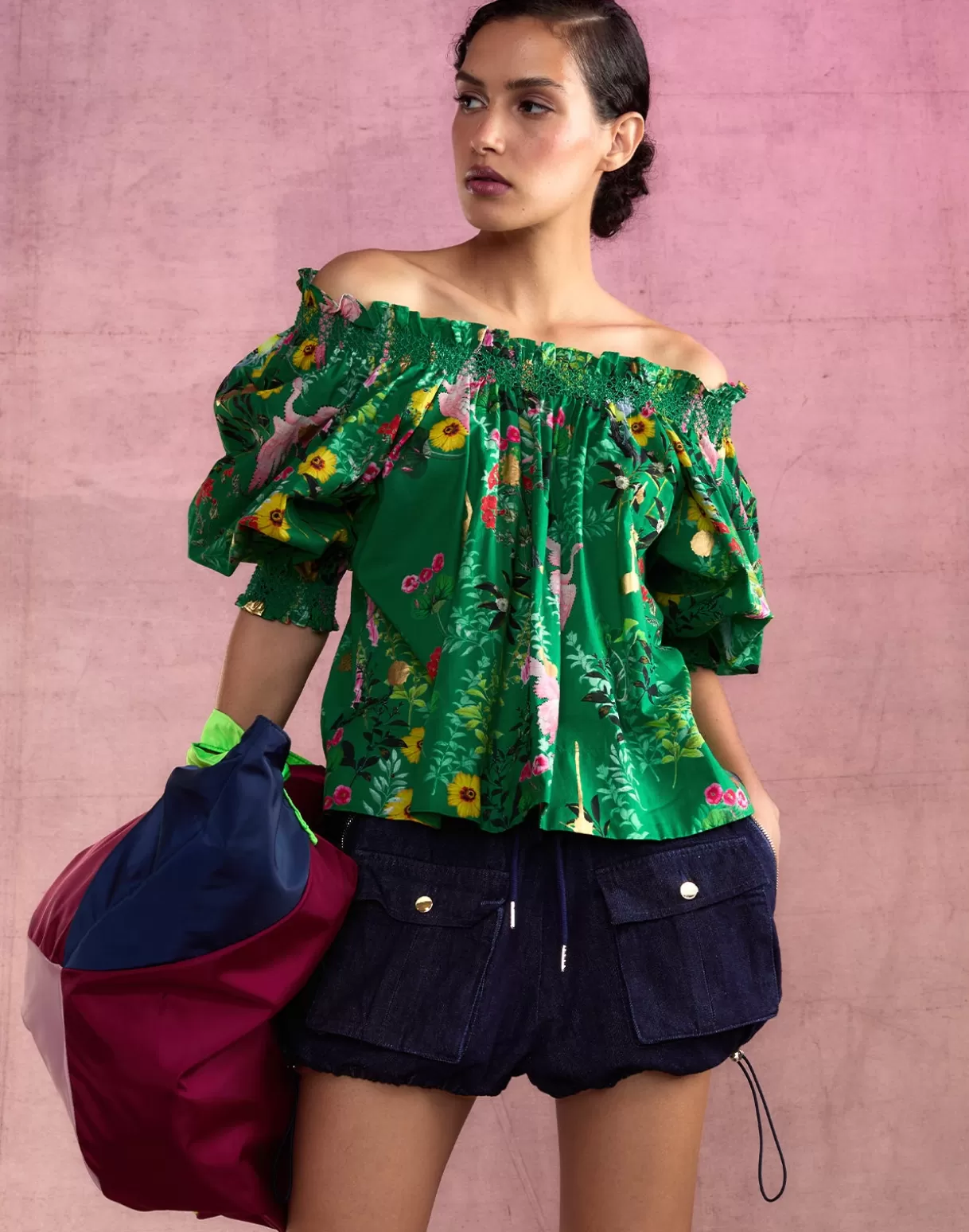 Tops-Cynthia Rowley Malta Off Shoulder Blouse GRNFL