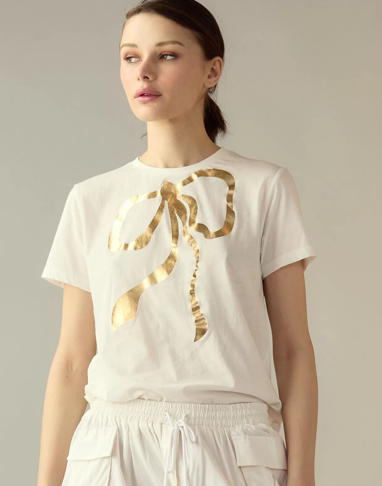 Tops-Cynthia Rowley Metallic Bow Tee White