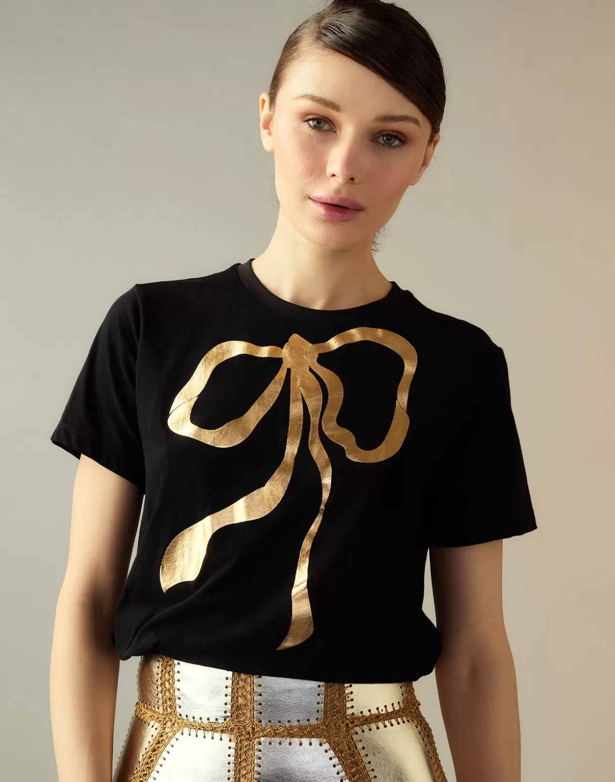 Tops-Cynthia Rowley Metallic Bow Tee BLACK