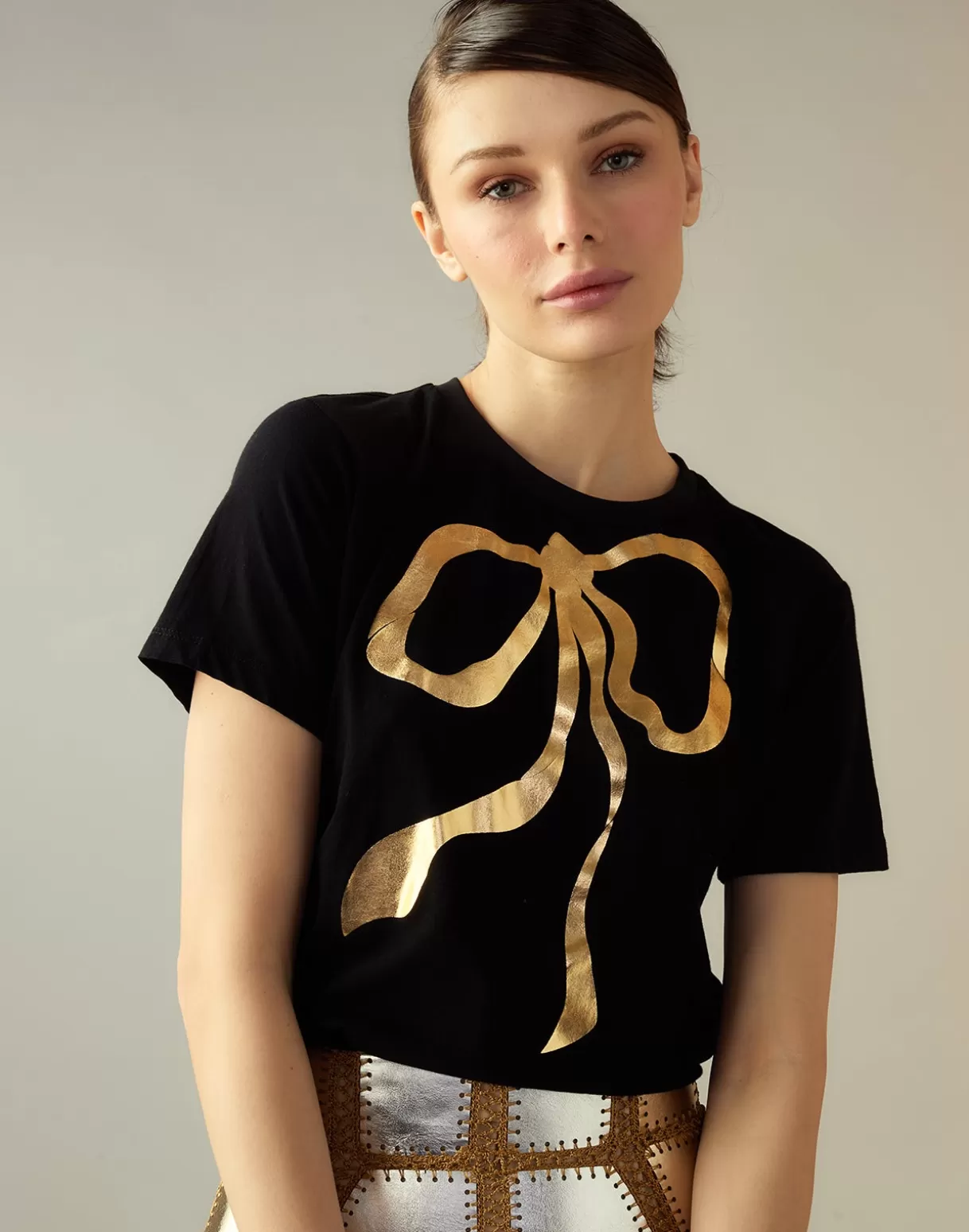 Tops-Cynthia Rowley Metallic Bow Tee BLACK