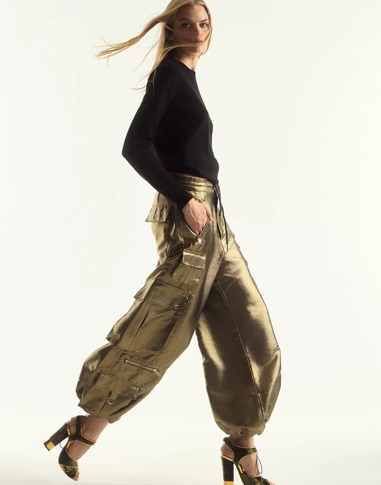 Bottoms-Cynthia Rowley Metallic Cargo Pants BLKGLD