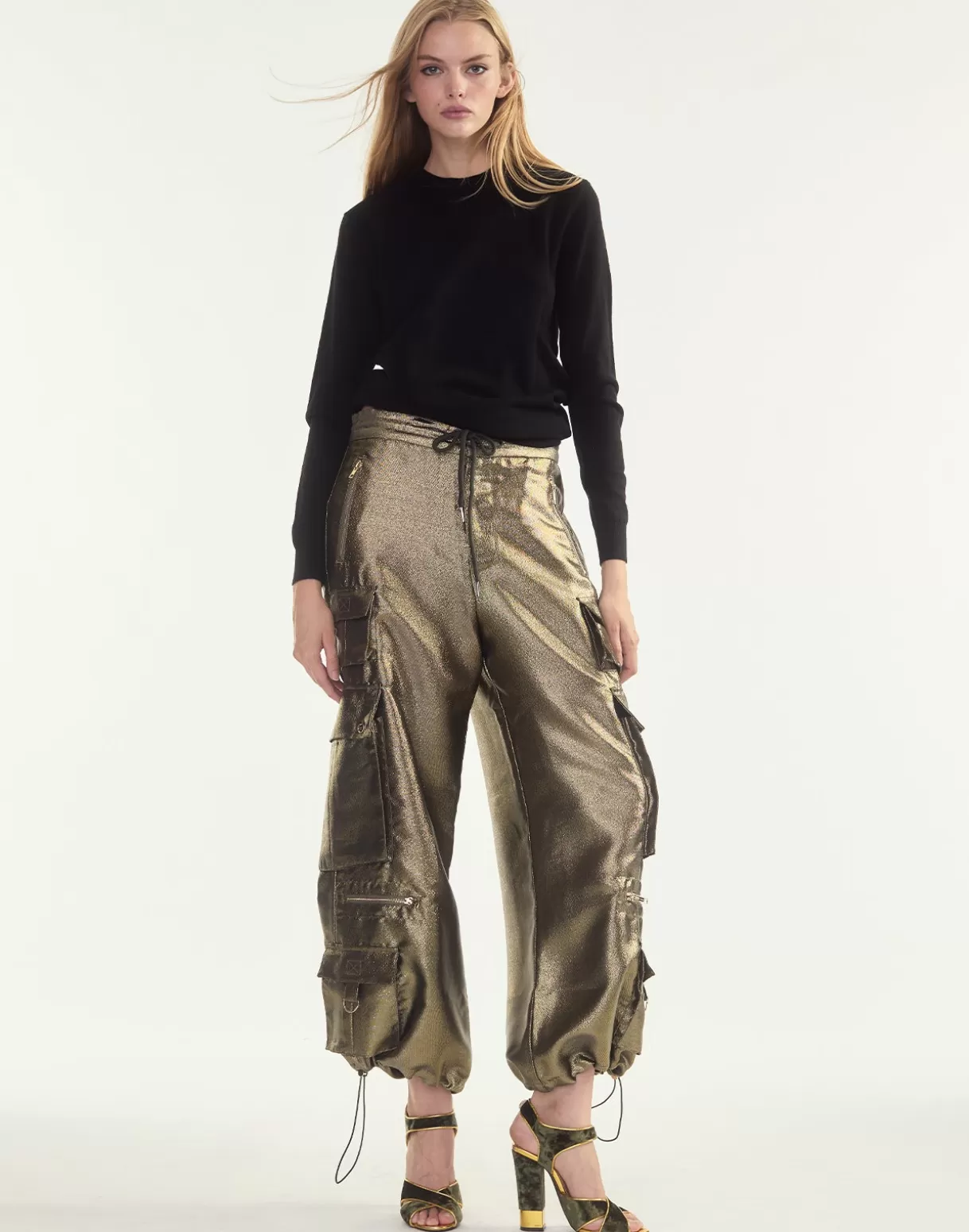 Bottoms-Cynthia Rowley Metallic Cargo Pants BLKGLD