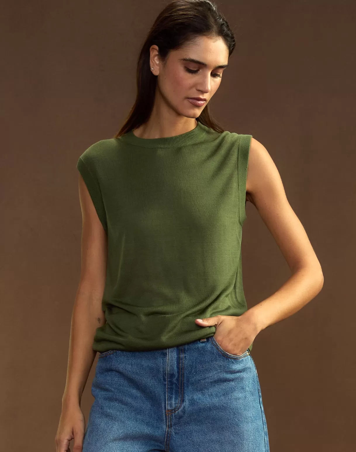 Tops-Cynthia Rowley Mica Sleeveless Knit Top DRKGR