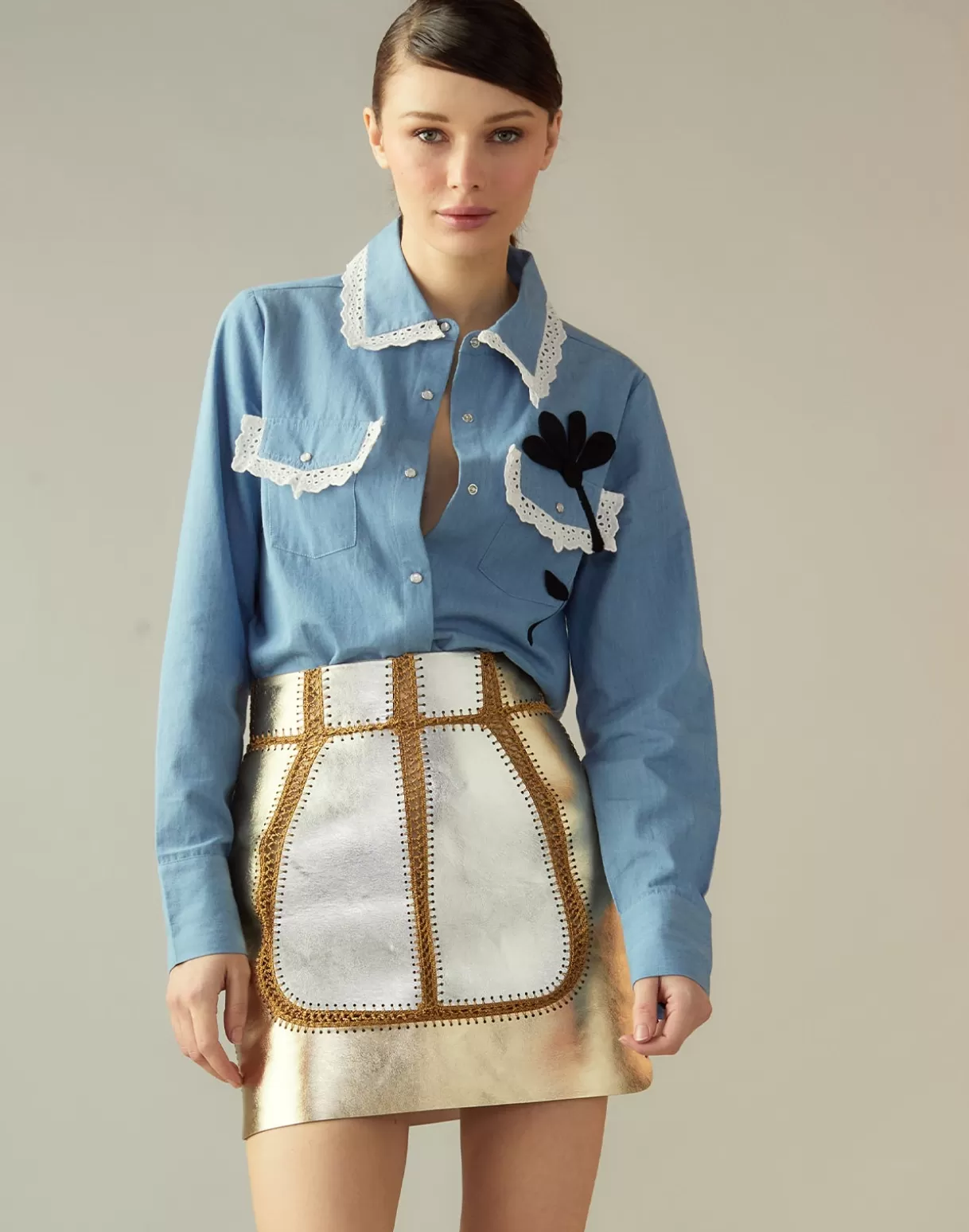 Bottoms-Cynthia Rowley Mixed Metallic Vegan Leather Skirt GLDSV
