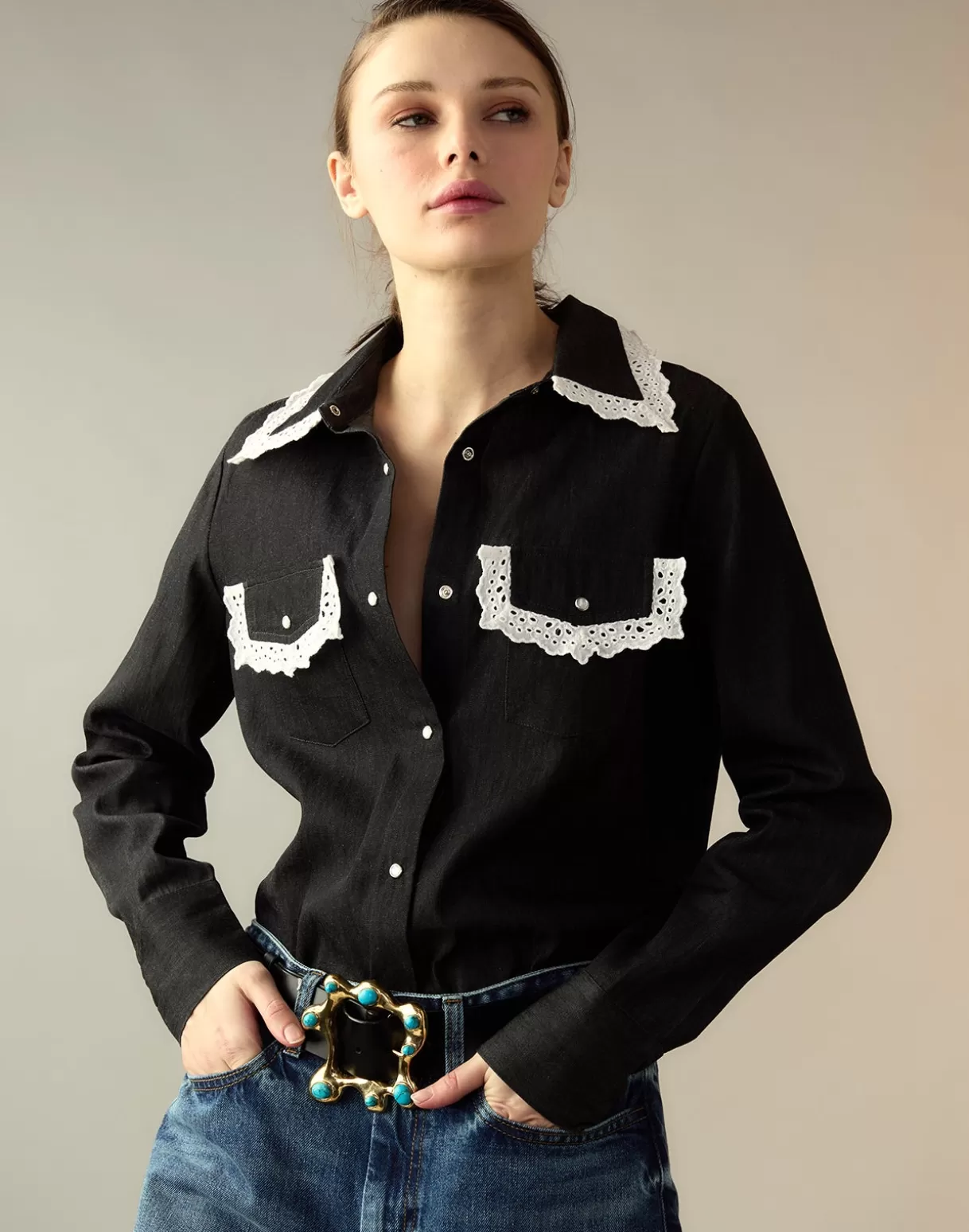 Tops-Cynthia Rowley Not My First Rodeo Denim Shirt BLACK