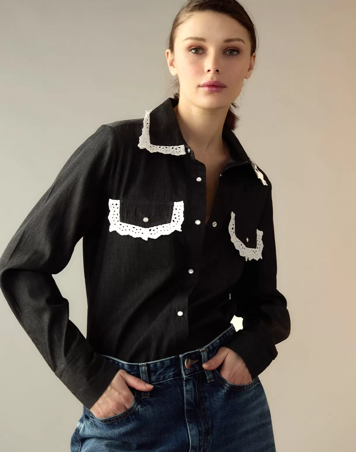 Tops-Cynthia Rowley Not My First Rodeo Denim Shirt BLACK