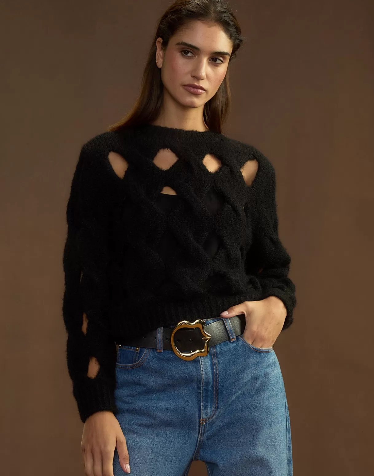 Tops-Cynthia Rowley Open Knit Sweater BLACK