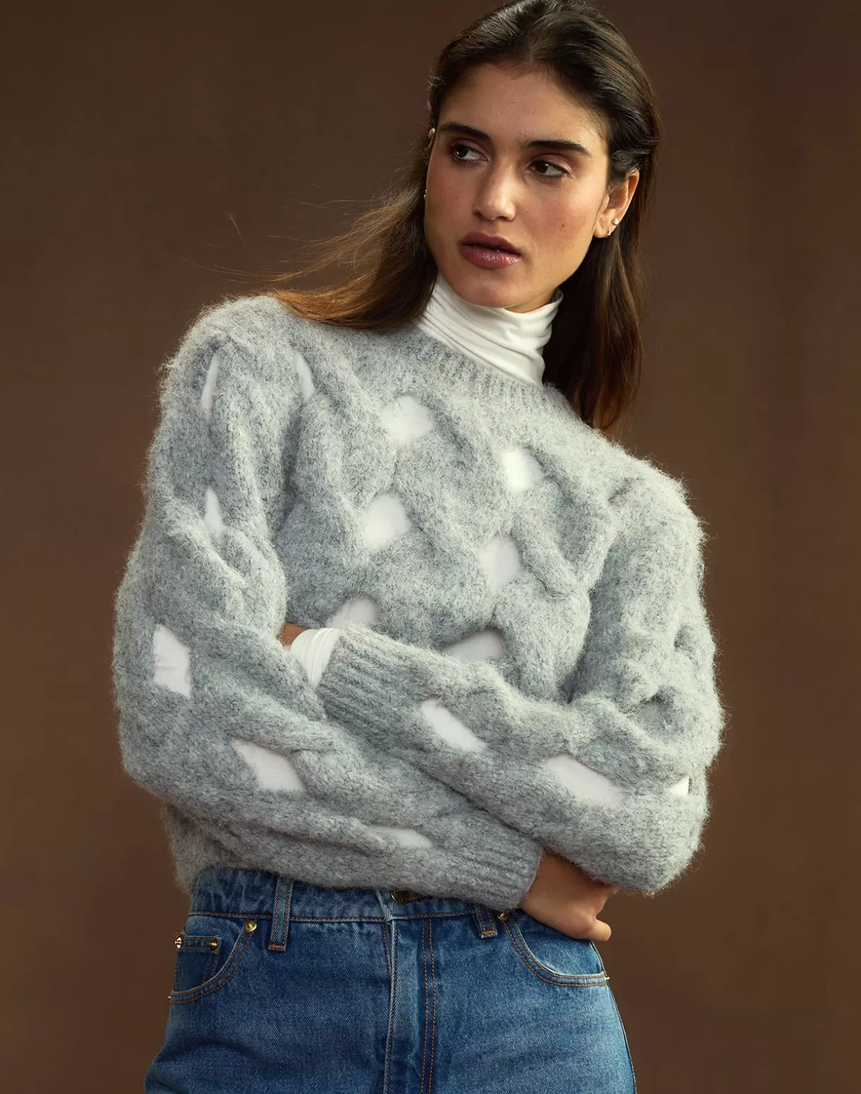 Tops-Cynthia Rowley Open Knit Sweater HGREY