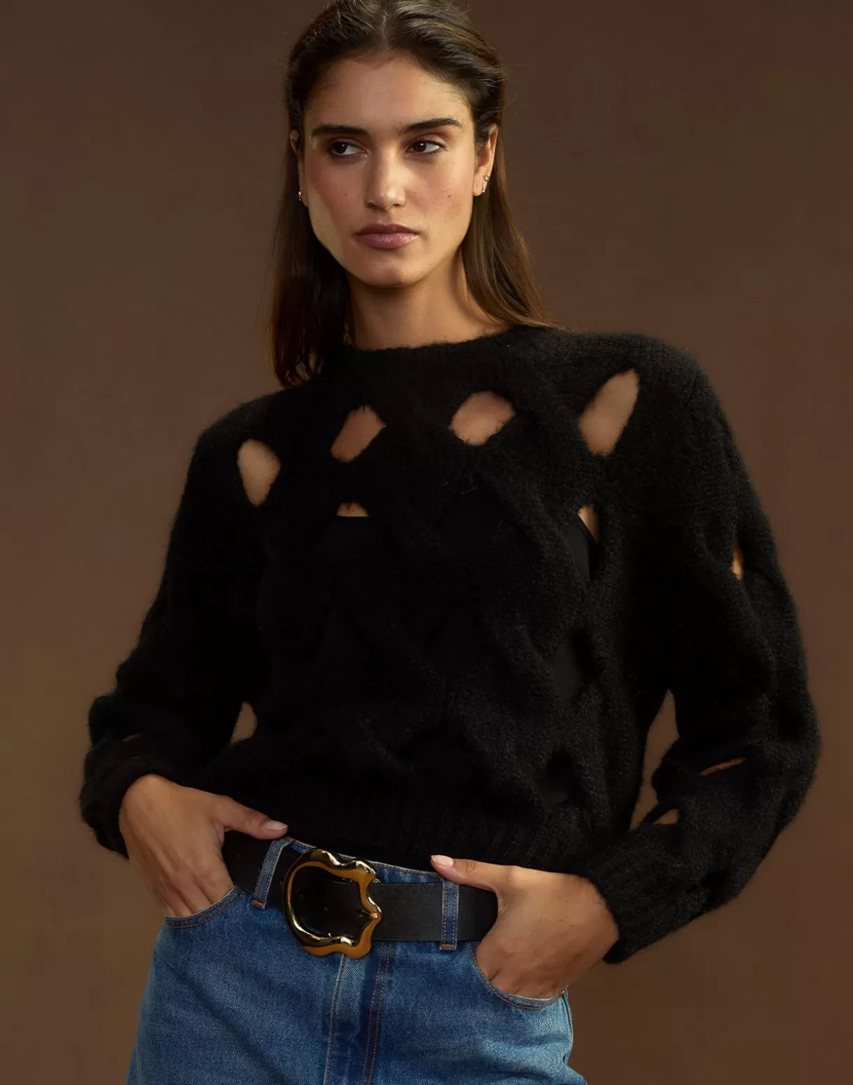 Tops-Cynthia Rowley Open Knit Sweater BLACK
