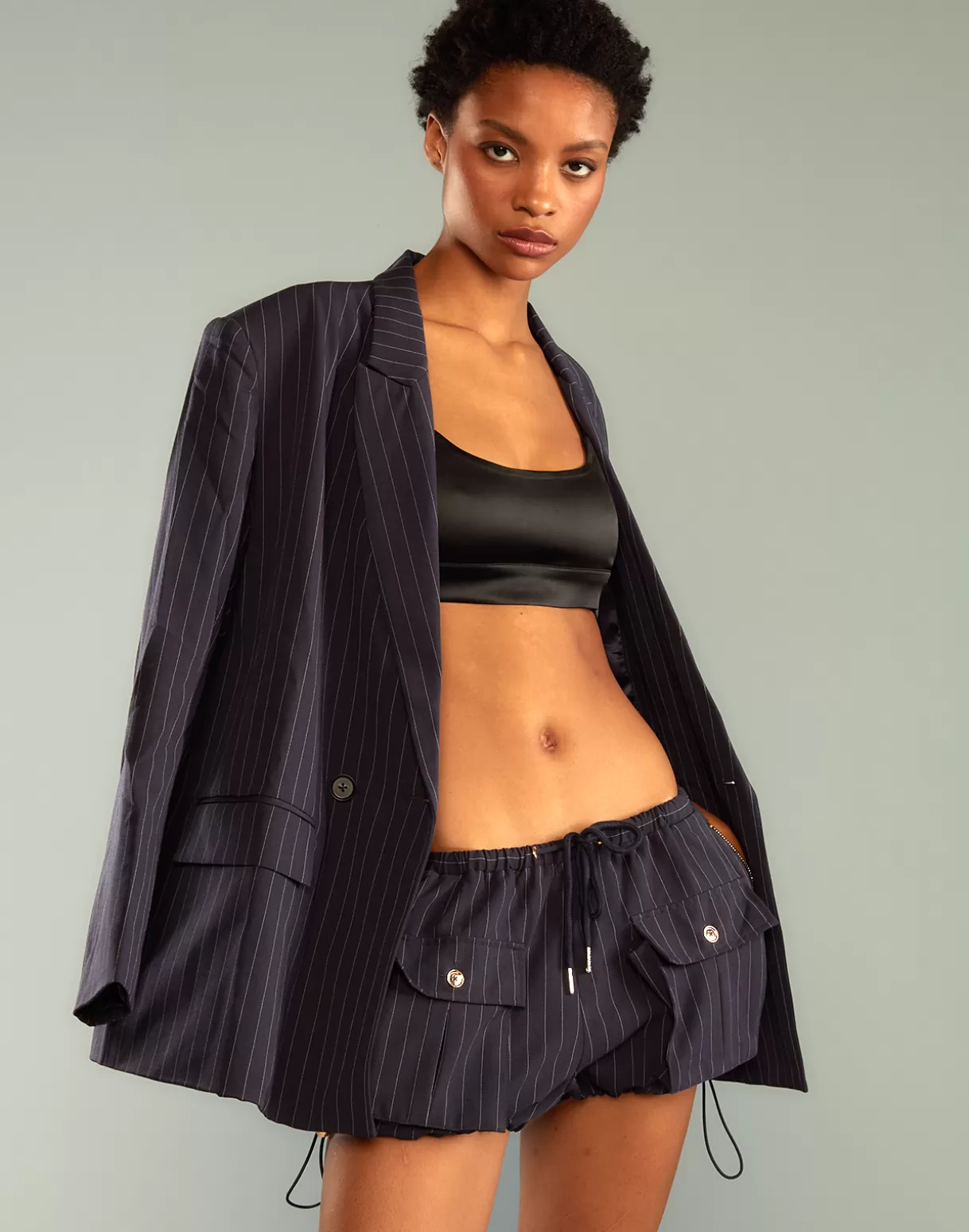 Bottoms-Cynthia Rowley Pinstripe Cargo Bloomer Short Navy